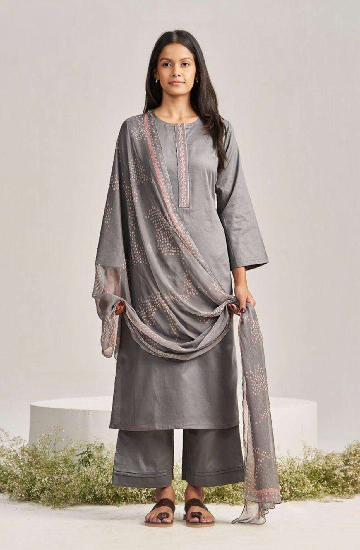 Grey Premium Pure Cotton Satin Unstitched Suit Set with Beautiful Dupatta - GAUS4884C
