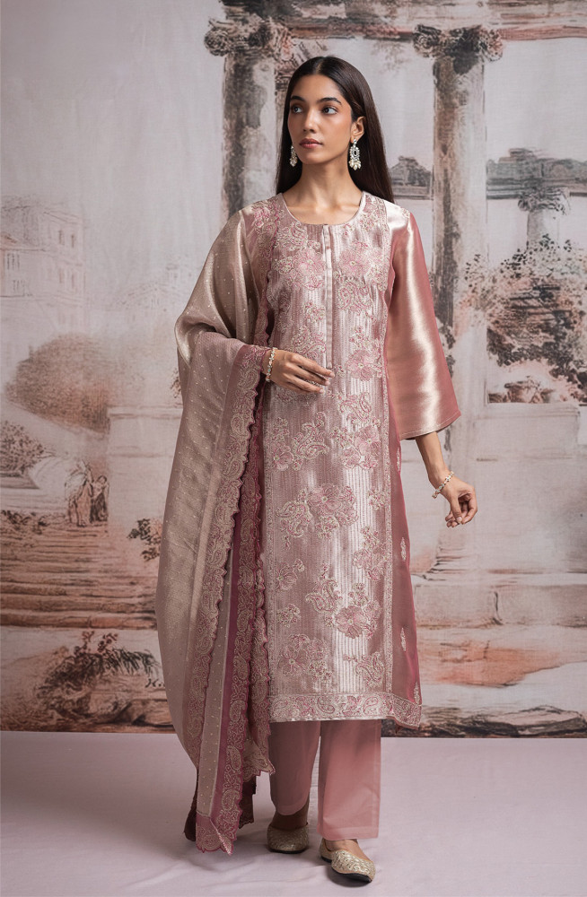 Image of Pink Ziraf silk Unstitched Suit with Beautiful Silk Tissue Dupatta- R157-SPR2470A