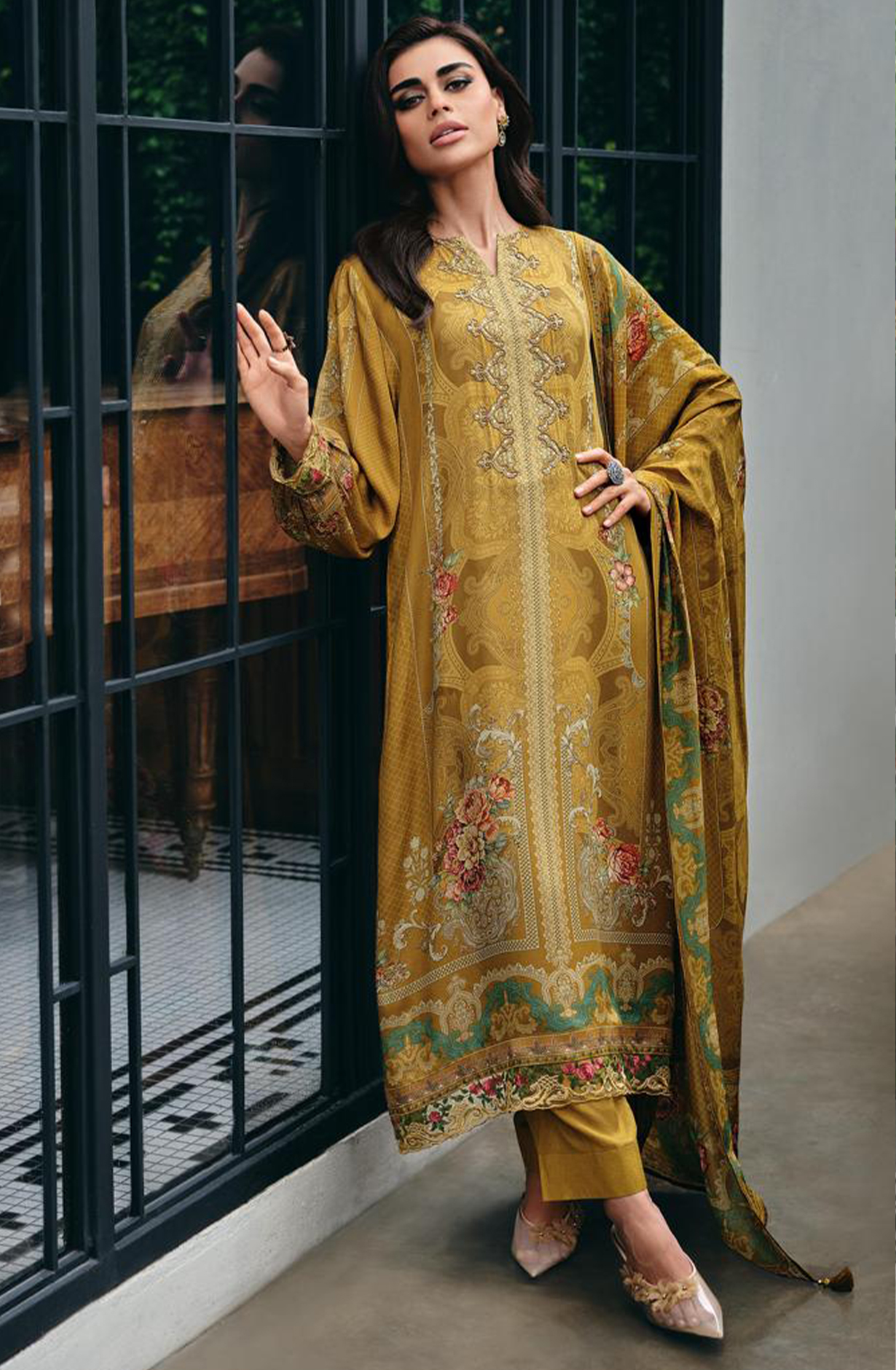 Mustard Muslin Digital Printed with Handwork Suit Set - GEI01