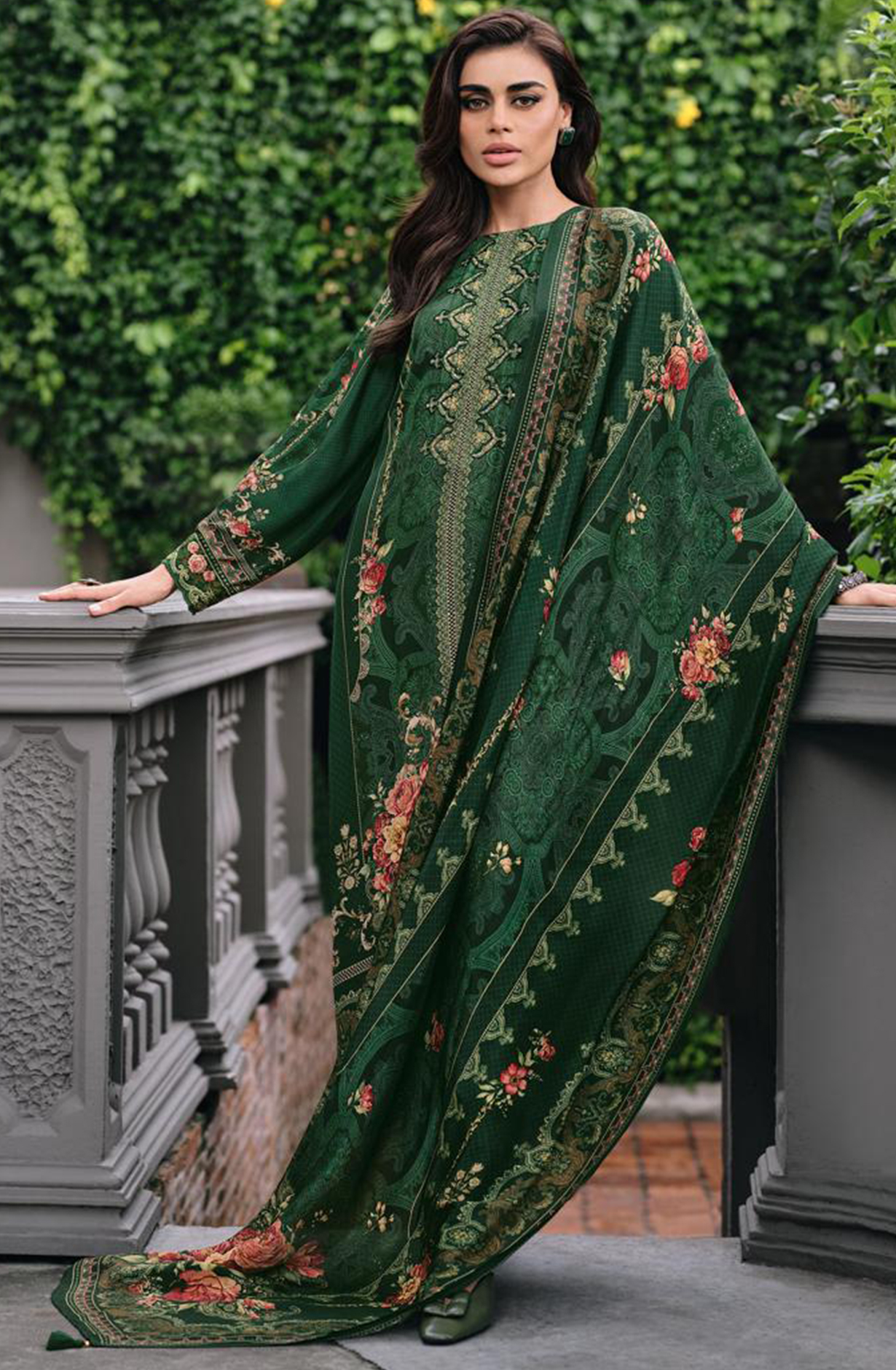 Dark Green Muslin Digital Printed with Handwork Suit Set - GEI03