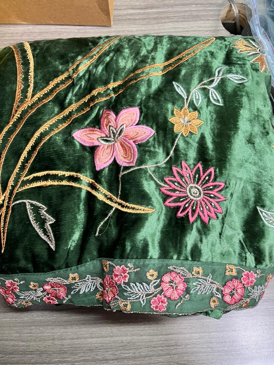 Green Velvet Embroidery and Handwork Suit-Set with Pure Silk Jacquard Dupatta - GHAC1535