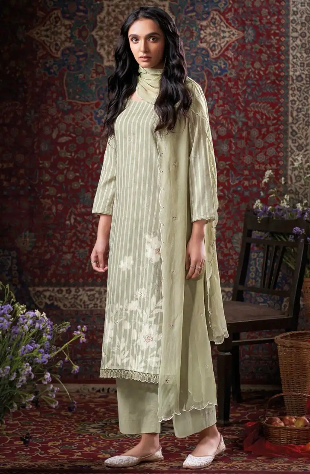 Green Printed Cotton Suit Set with Chiffon Dupatta - GIL3356A