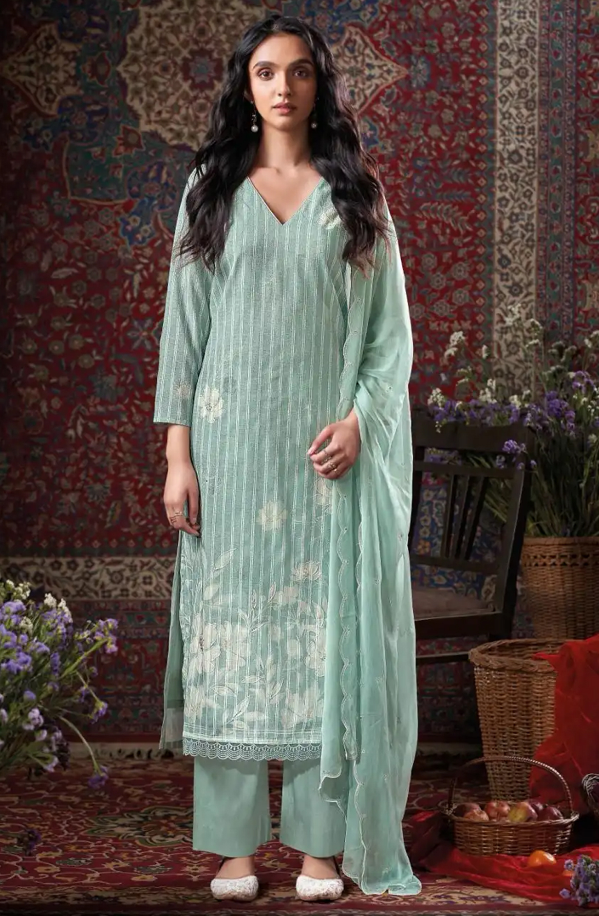 Sea Green Printed Cotton Suit Set with Chiffon Dupatta - GIL3356B