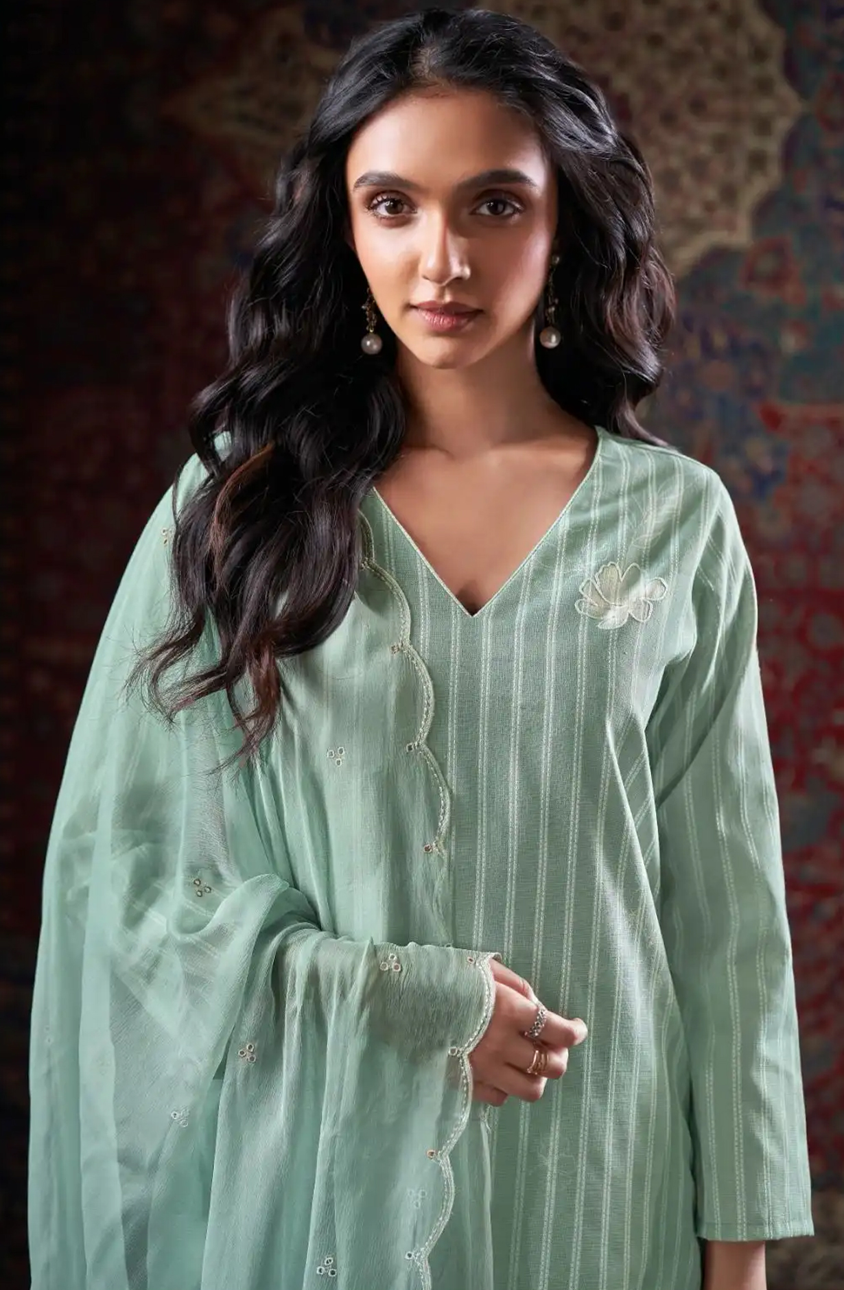 Sea Green Printed Cotton Suit Set with Chiffon Dupatta - GIL3356B