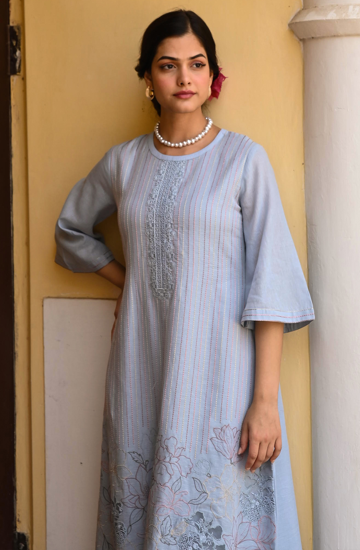 Pastel Blue Linen Beautiful Kantha with Embroidery Unstitched Suit with Organza Dupatta - GLA2259A