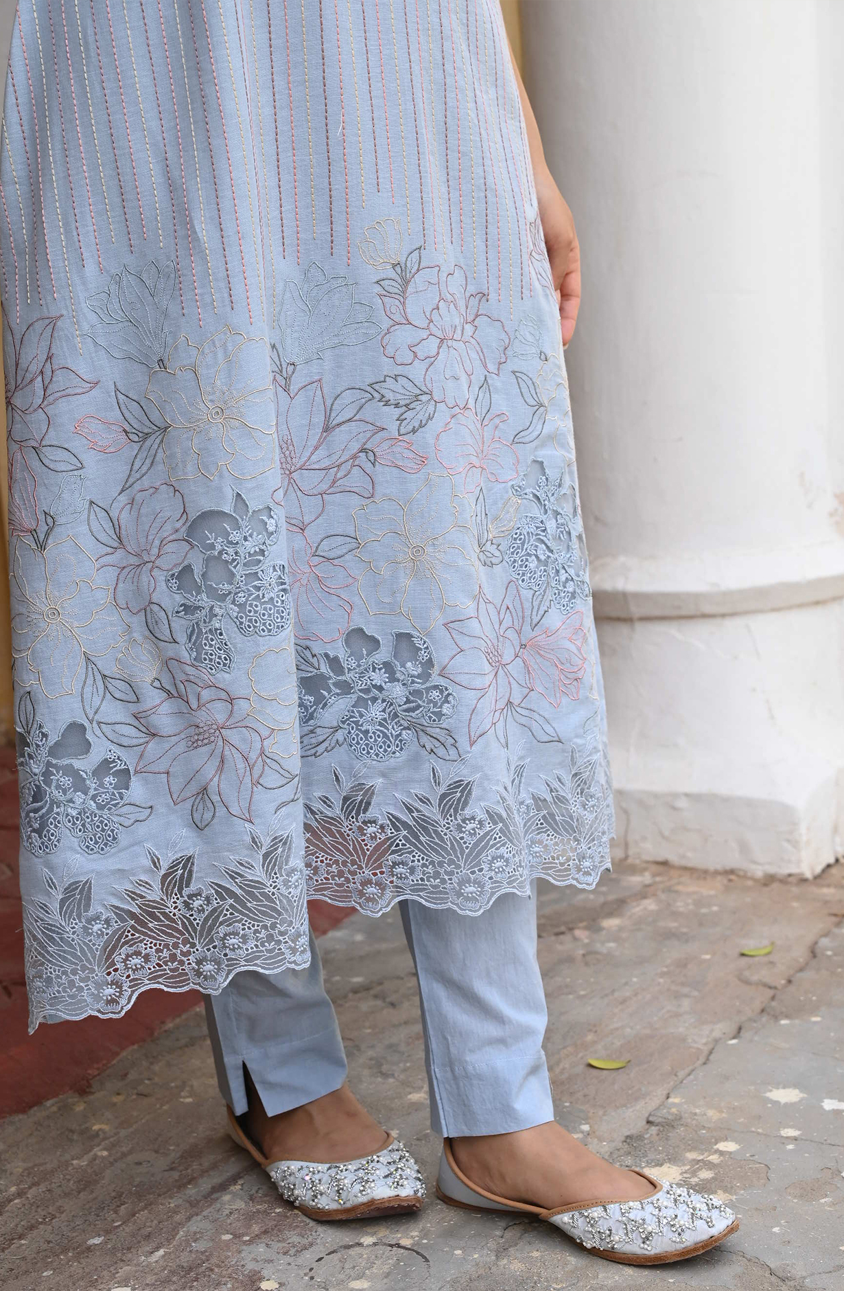 Pastel Blue Linen Beautiful Kantha with Embroidery Unstitched Suit with Organza Dupatta - GLA2259A