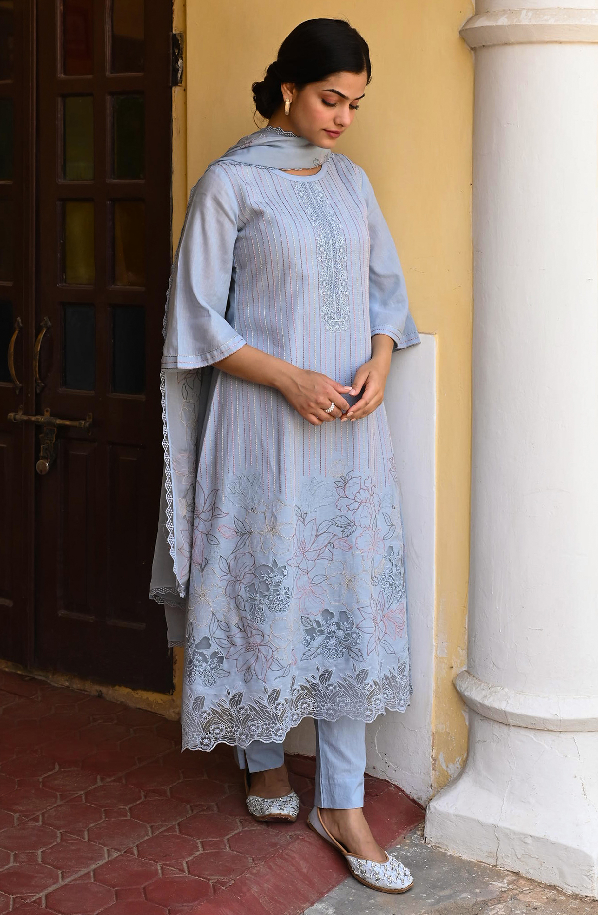 Pastel Blue Linen Beautiful Kantha with Embroidery Unstitched Suit with Organza Dupatta - GLA2259A