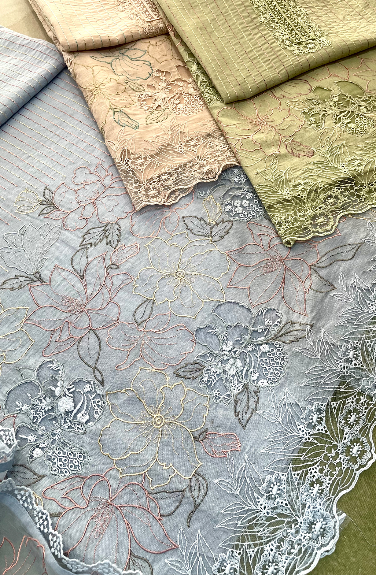 Pastel Blue Linen Beautiful Kantha with Embroidery Unstitched Suit with Organza Dupatta - GLA2259A