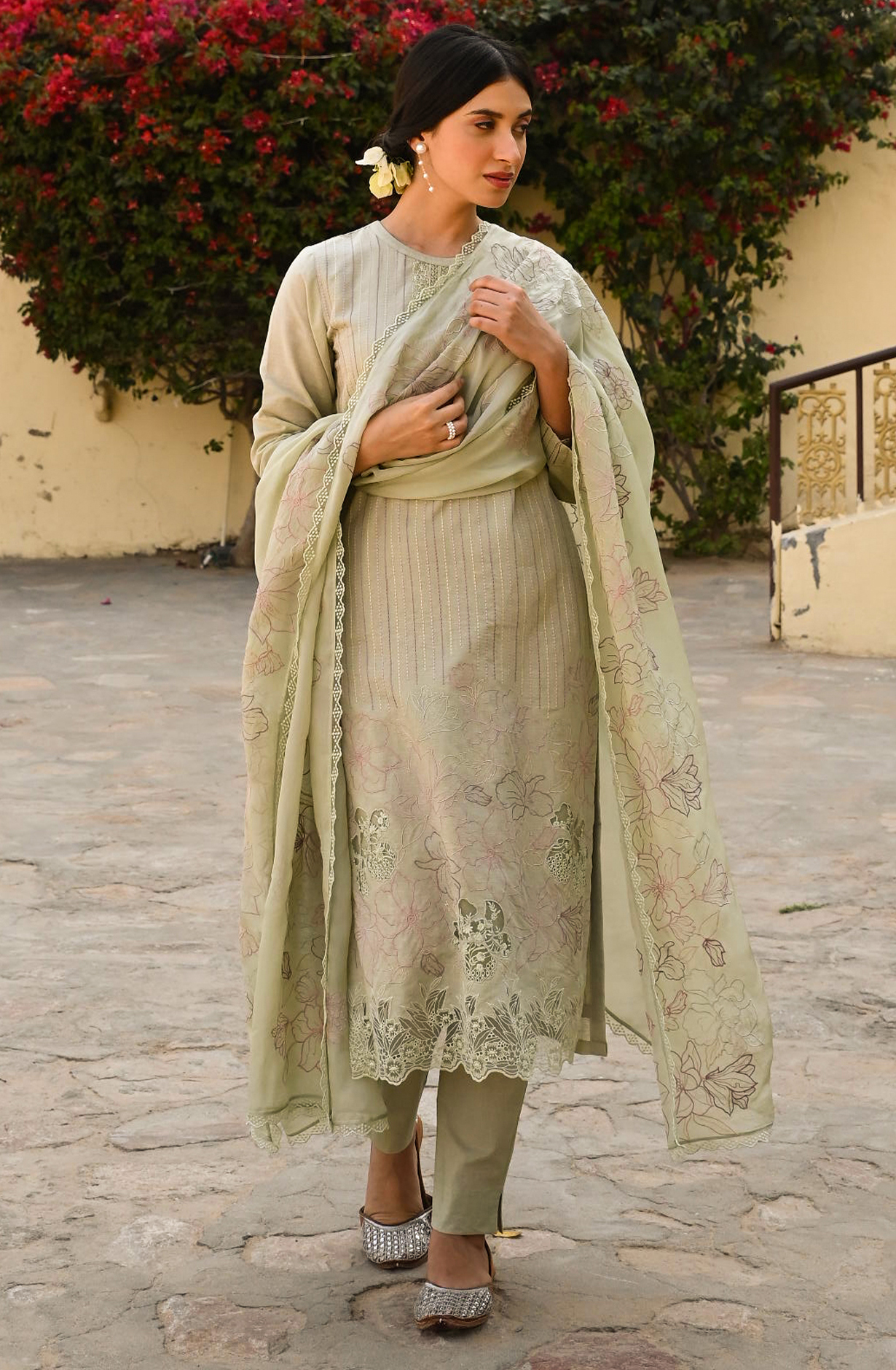 Green Linen Beautiful Kantha with Embroidery Unstitched Suit with Organza Dupatta - GLA2259B