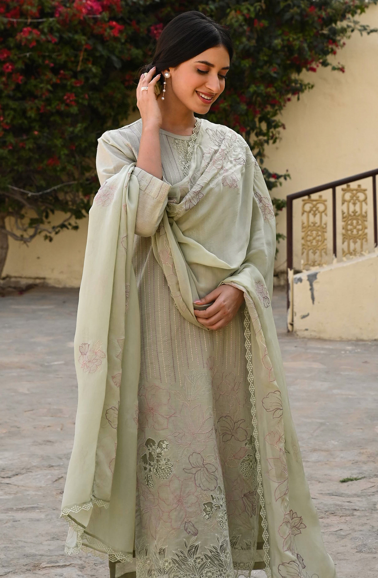 Green Linen Beautiful Kantha with Embroidery Unstitched Suit with Organza Dupatta - GLA2259B