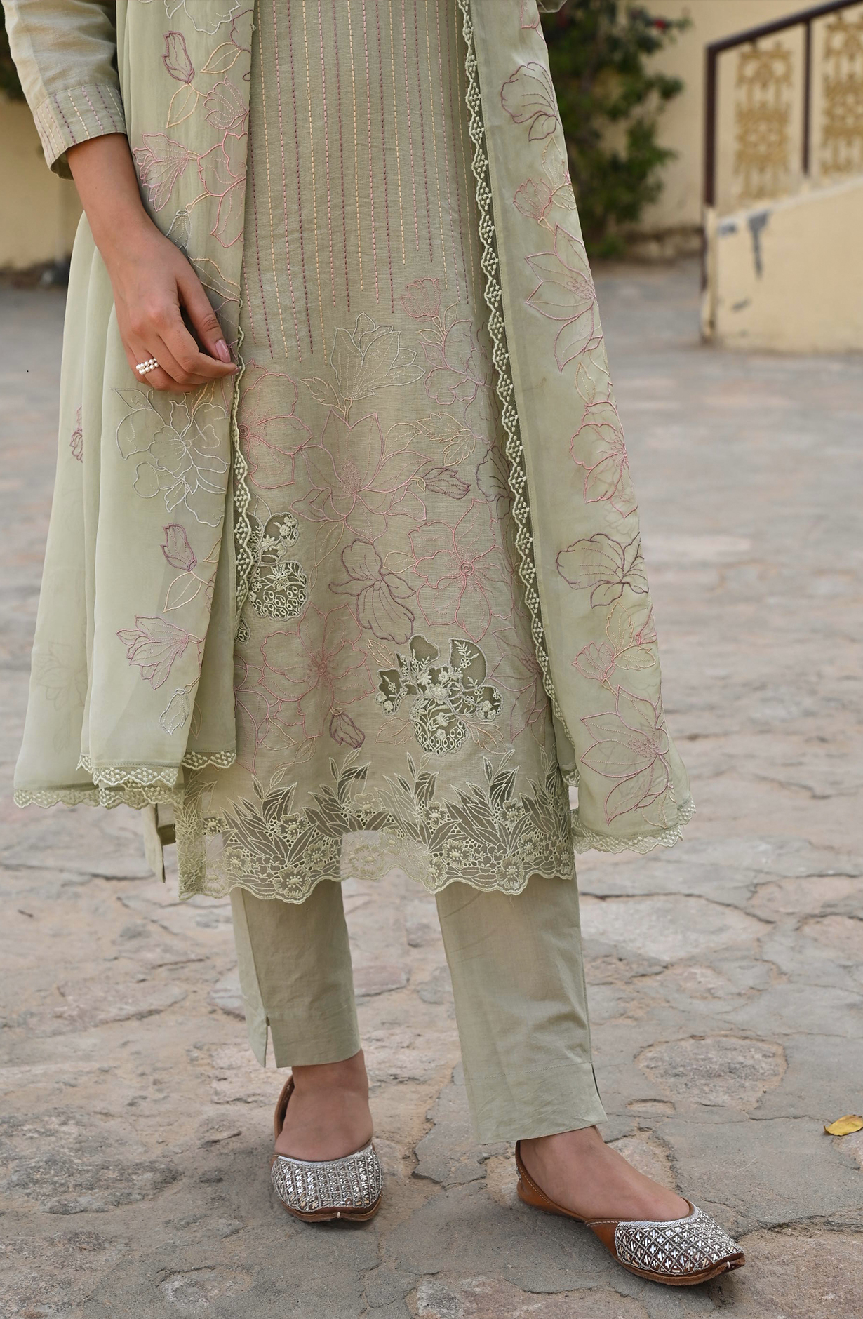 Green Linen Beautiful Kantha with Embroidery Unstitched Suit with Organza Dupatta - GLA2259B