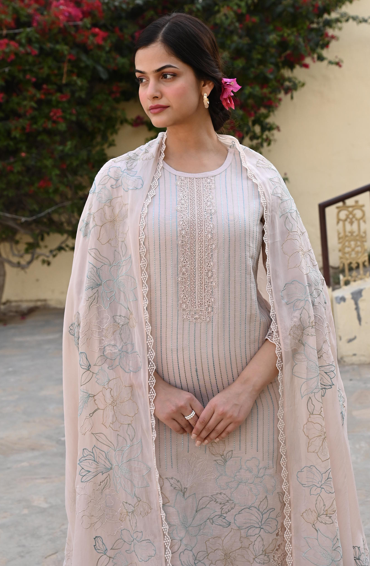 Peach Linen Beautiful Kantha with Embroidery Unstitched Suit with Organza Dupatta - GLA2259C