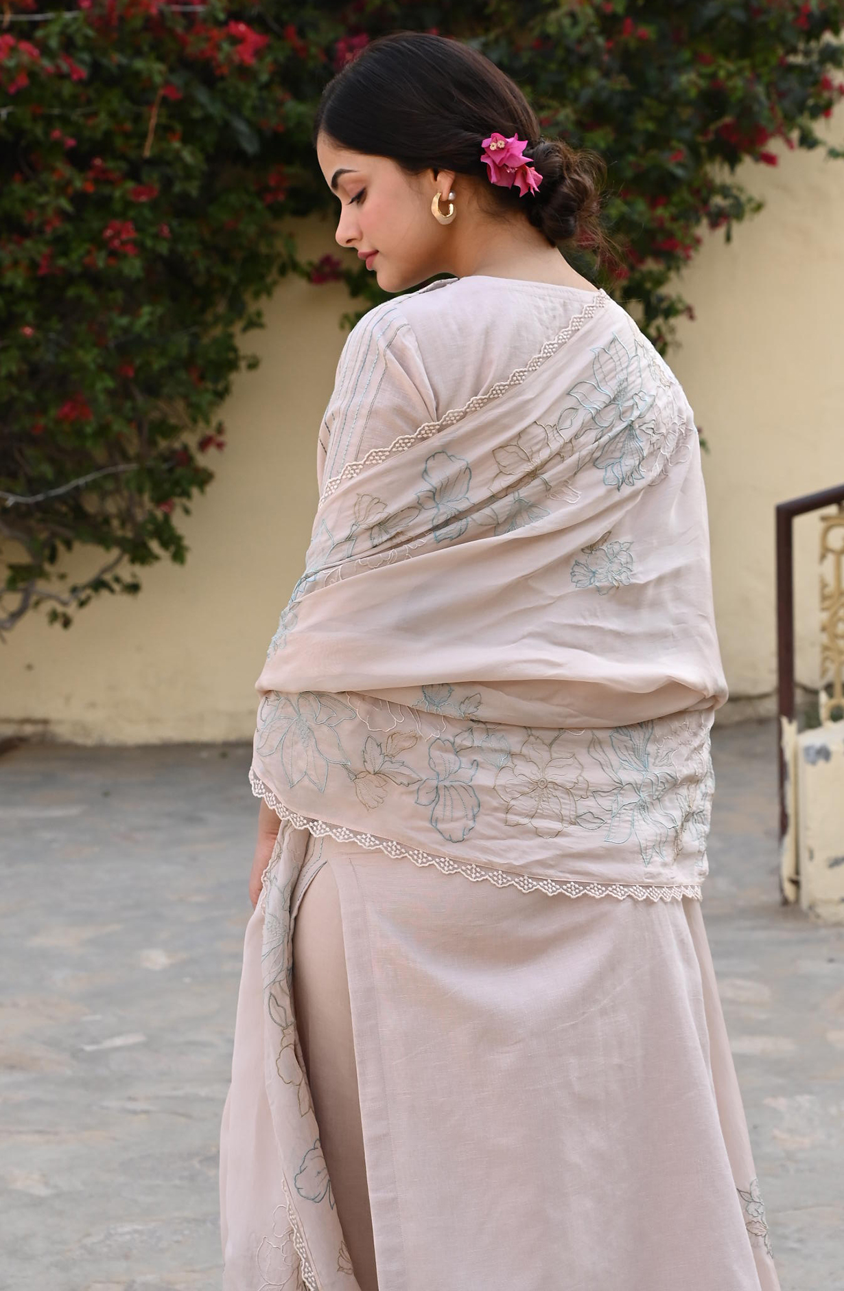 Peach Linen Beautiful Kantha with Embroidery Unstitched Suit with Organza Dupatta - GLA2259C