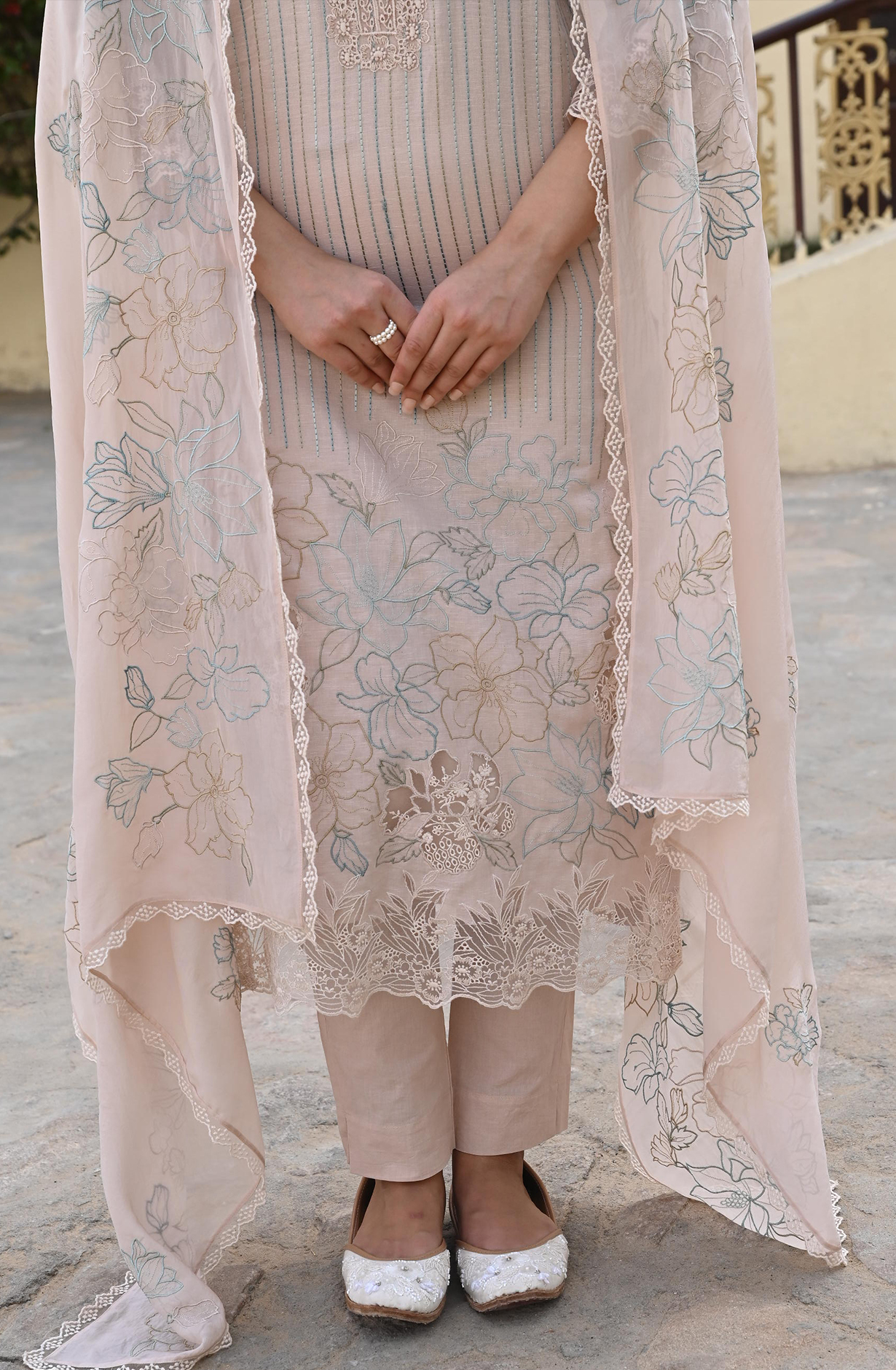 Peach Linen Beautiful Kantha with Embroidery Unstitched Suit with Organza Dupatta - GLA2259C