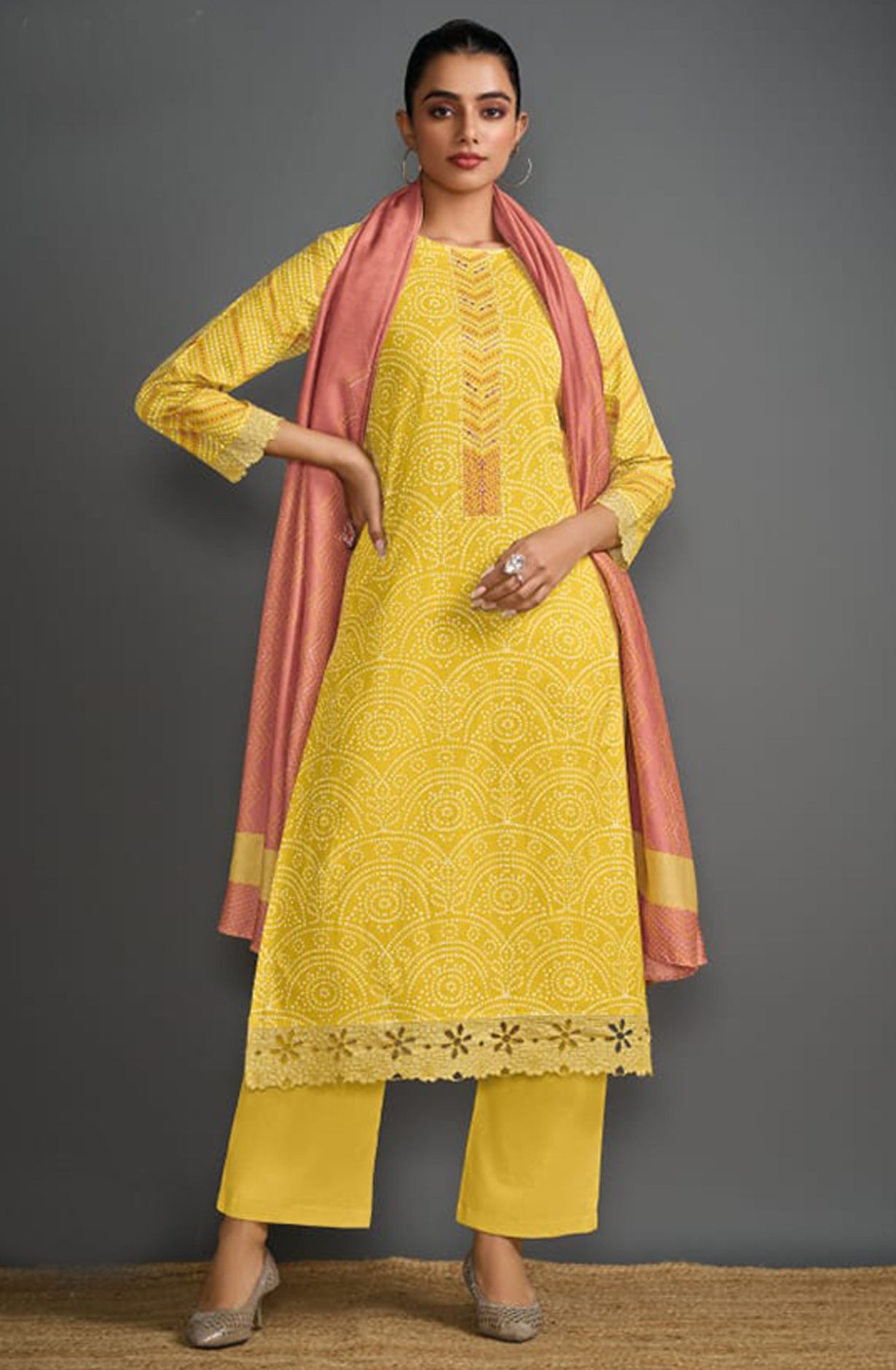 Yellow Cotton Lawn Printed Cotton Embroidered Suit with Dupatta - GLA7421A