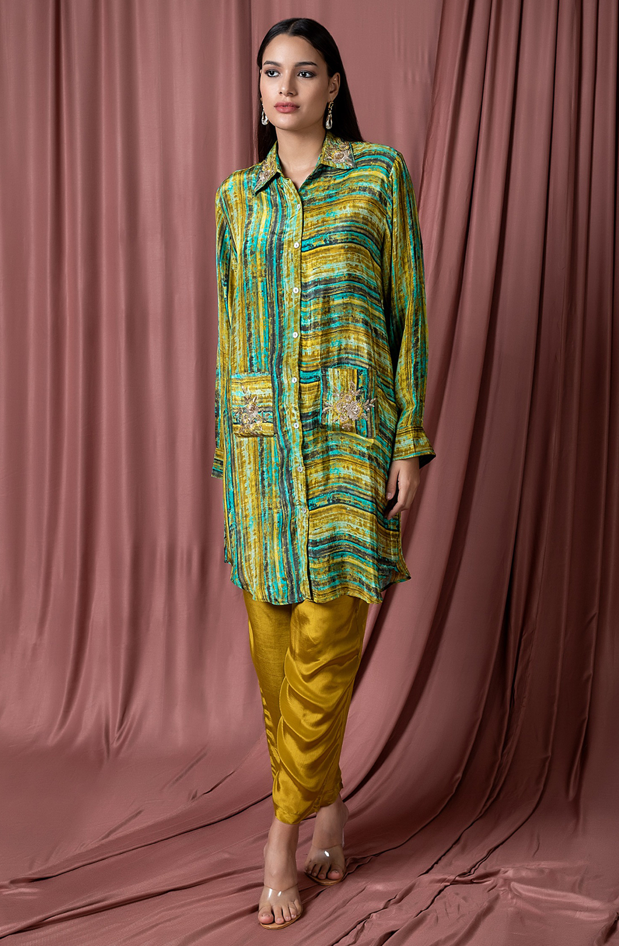 GEO GLAM Crepe Mehndi Green Printed Tunic Collar Neck Co-ord Set - GLANCDS045 - Available Size L XXL