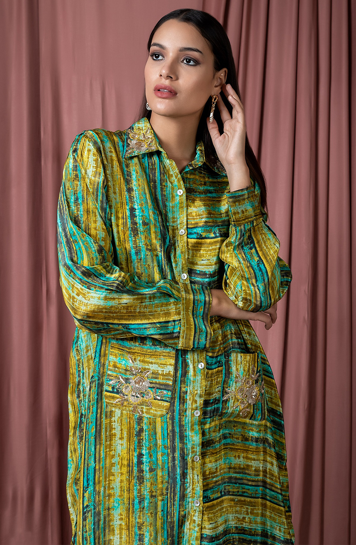 GEO GLAM Crepe Mehndi Green Printed Tunic Collar Neck Co-ord Set - GLANCDS045 - Available Size L XXL