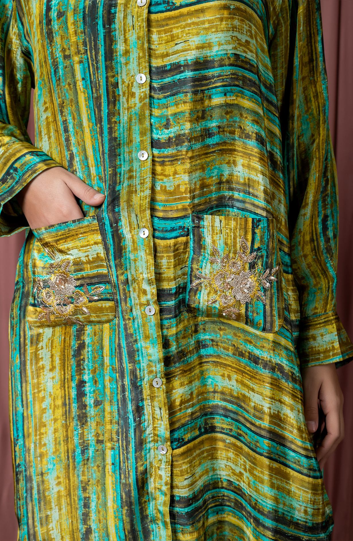 GEO GLAM Crepe Mehndi Green Printed Tunic Collar Neck Co-ord Set - GLANCDS045 - Available Size L XXL