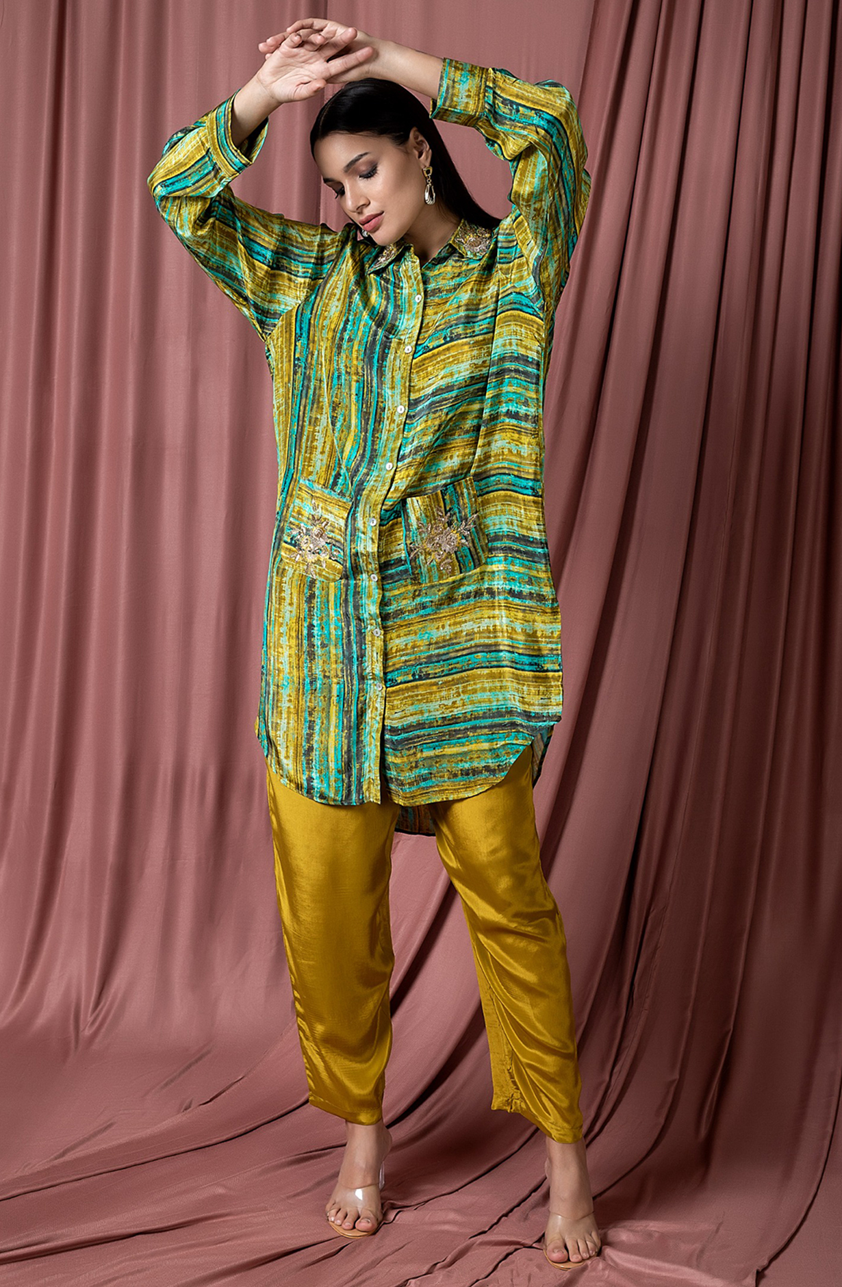 GEO GLAM Crepe Mehndi Green Printed Tunic Collar Neck Co-ord Set - GLANCDS045 - Available Size L XXL