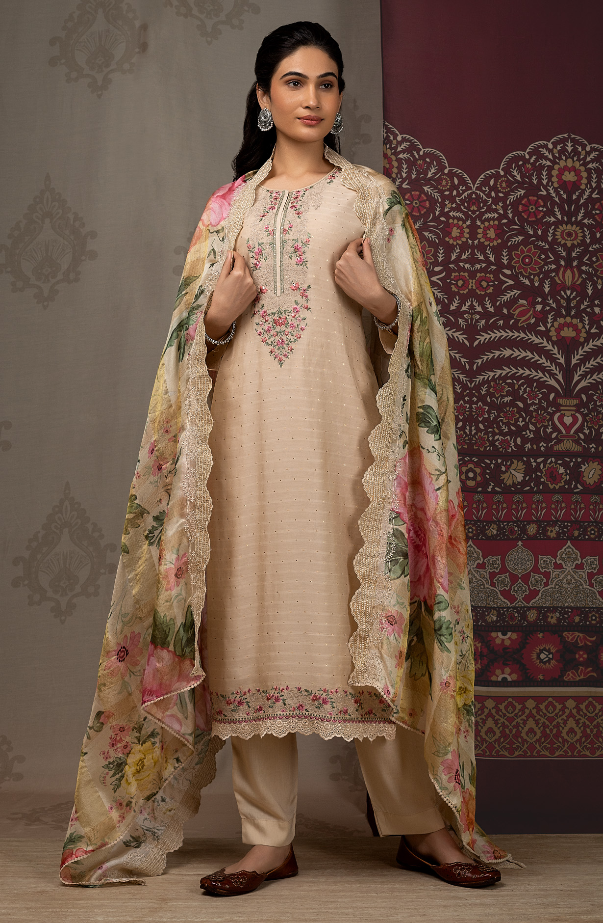 Beige Muslin Beautiful Salwar Kameez with Organza Dupatta - GLO1851