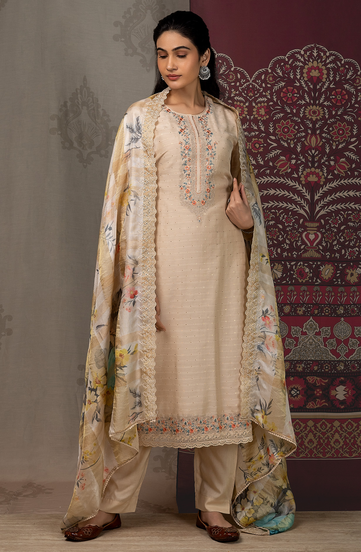 Beige Muslin Beautiful Salwar Kameez with Organza Dupatta - GLO1853