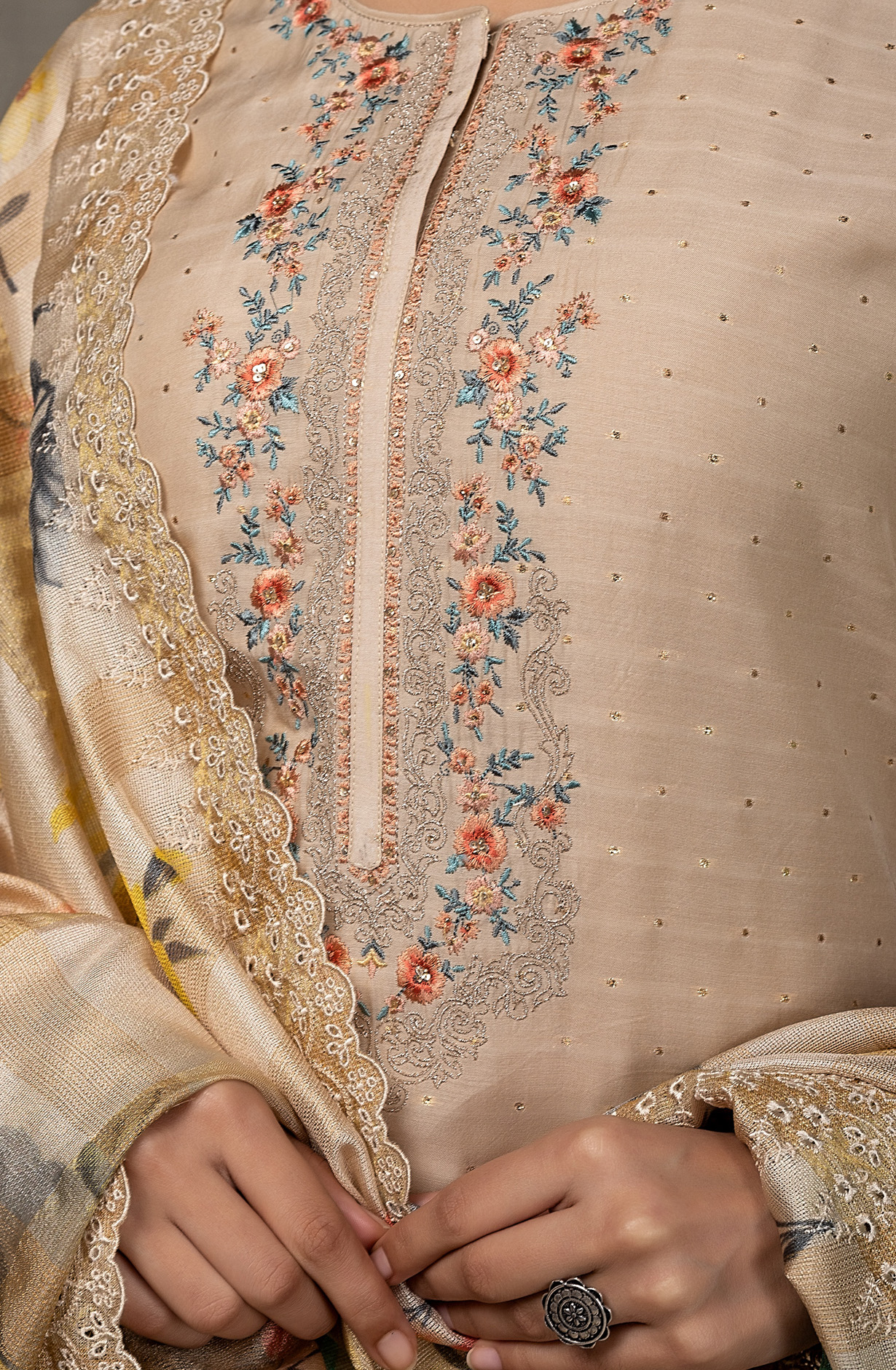 Beige Muslin Beautiful Salwar Kameez with Organza Dupatta - GLO1853