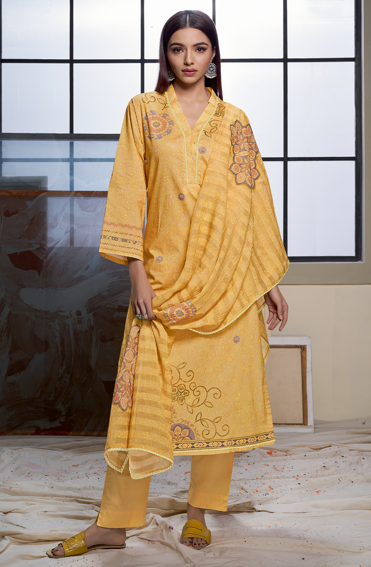Mustard Yellow Cotton Printed Unstitched Suit with Organza Dupatta - GLO739