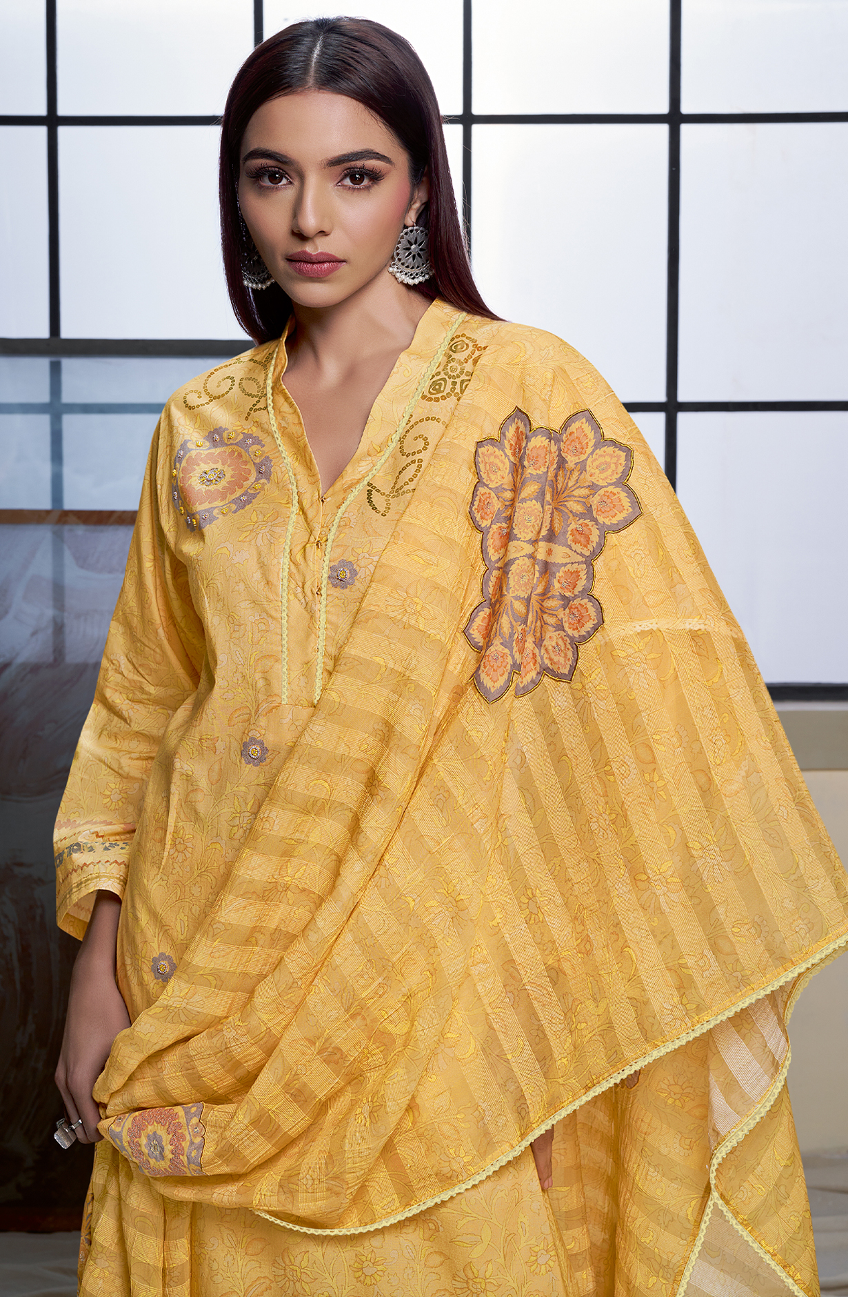 Mustard Yellow Cotton Printed Unstitched Suit with Organza Dupatta - GLO739