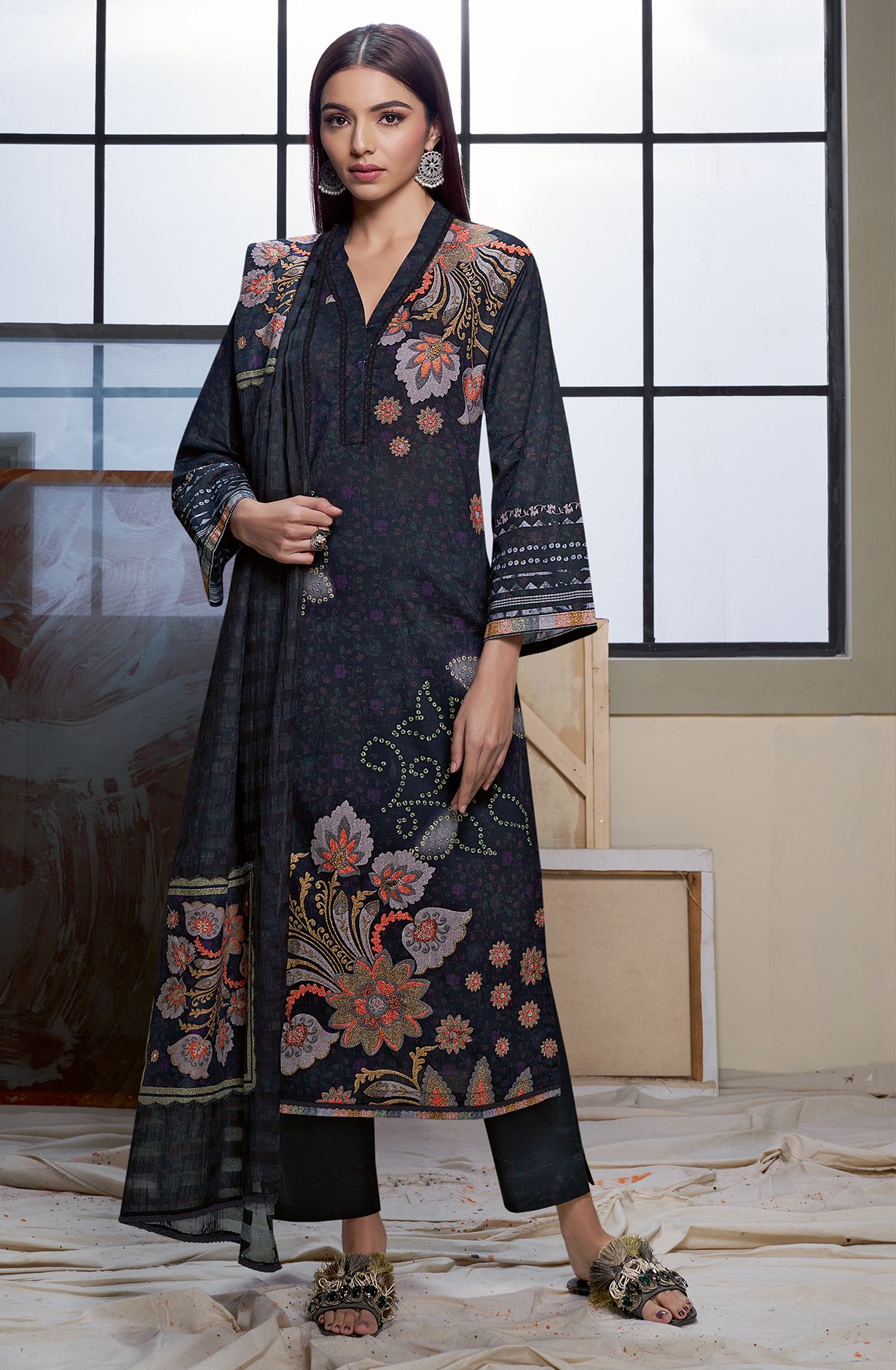 Black Cotton Printed Unstitched Suit with Organza Dupatta - GLO756