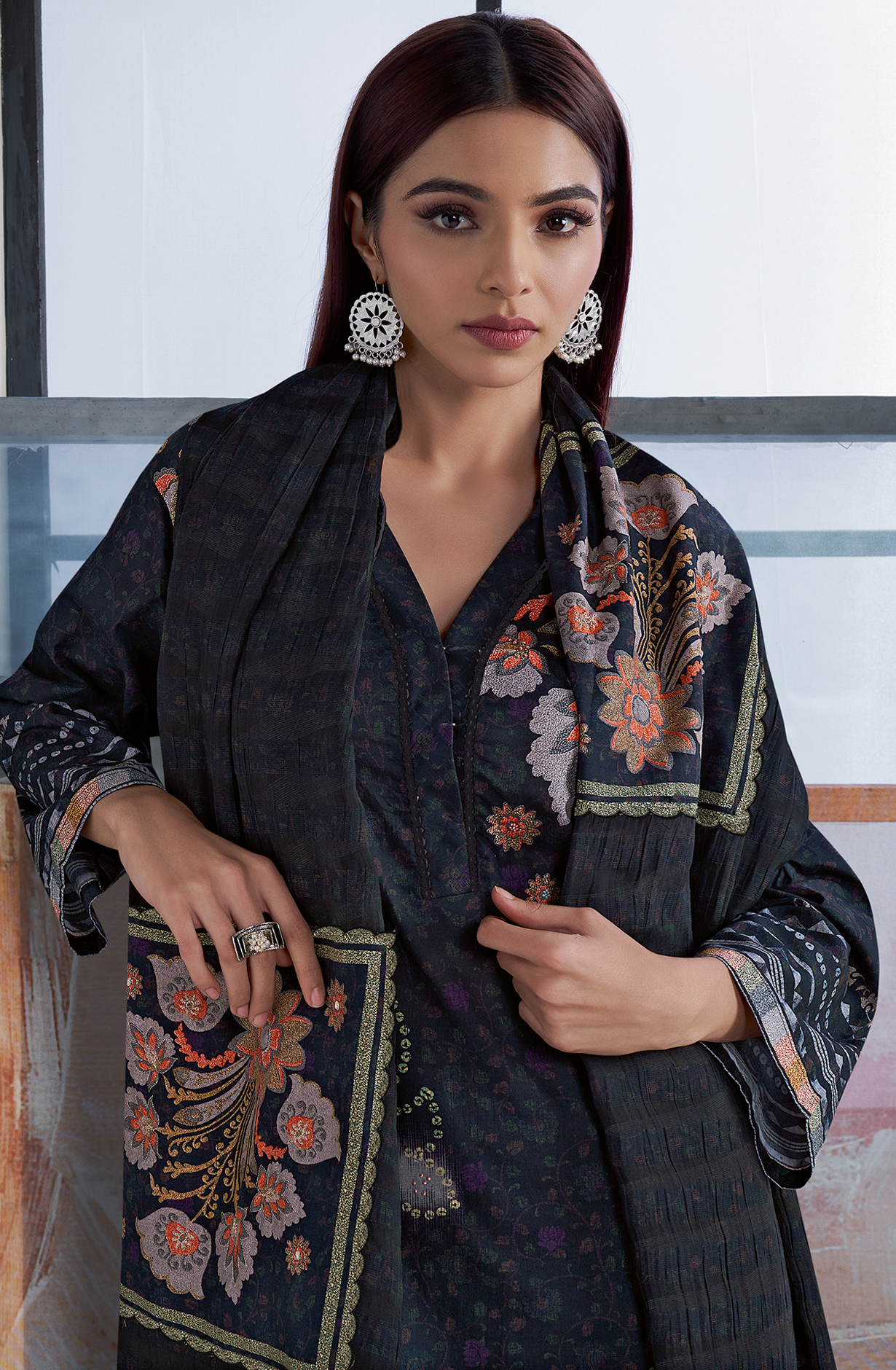 Black Cotton Printed Unstitched Suit with Organza Dupatta - GLO756