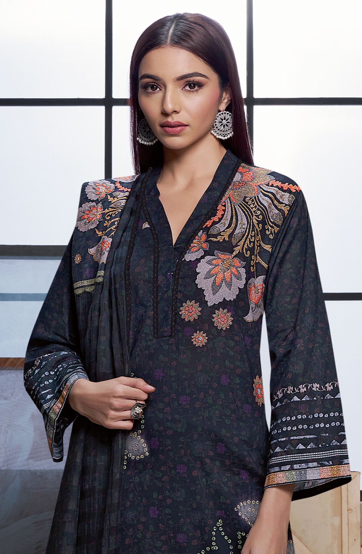 Black Cotton Printed Unstitched Suit with Organza Dupatta - GLO756
