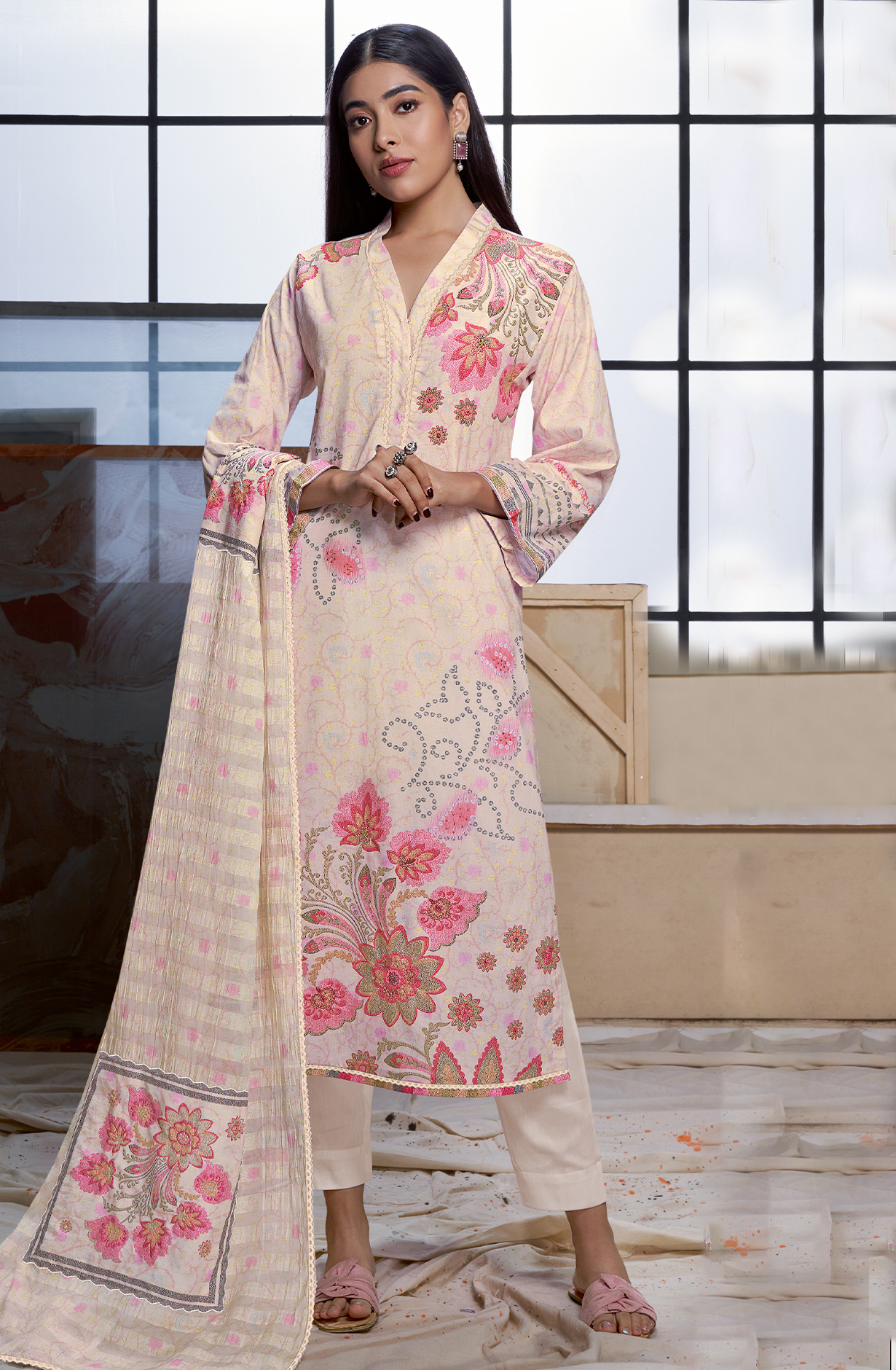 Fawn Cotton Printed Unstitched Suit with Organza Dupatta - GLO777