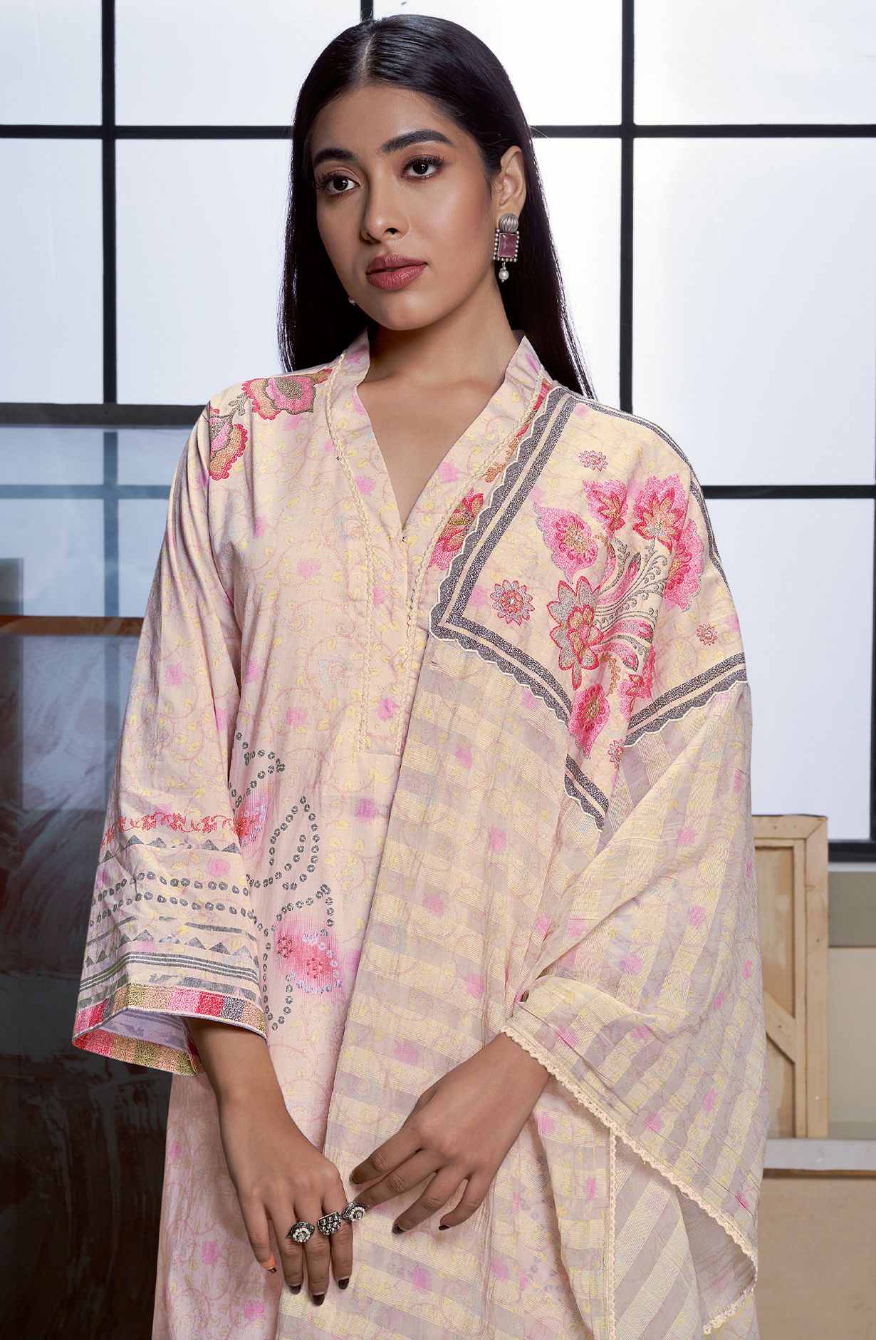 Fawn Cotton Printed Unstitched Suit with Organza Dupatta - GLO777