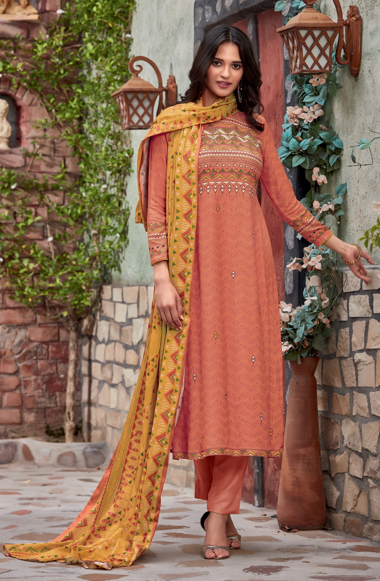 Orange Unstitched Cotton Salwar Suit with Dupatta - GLZ967