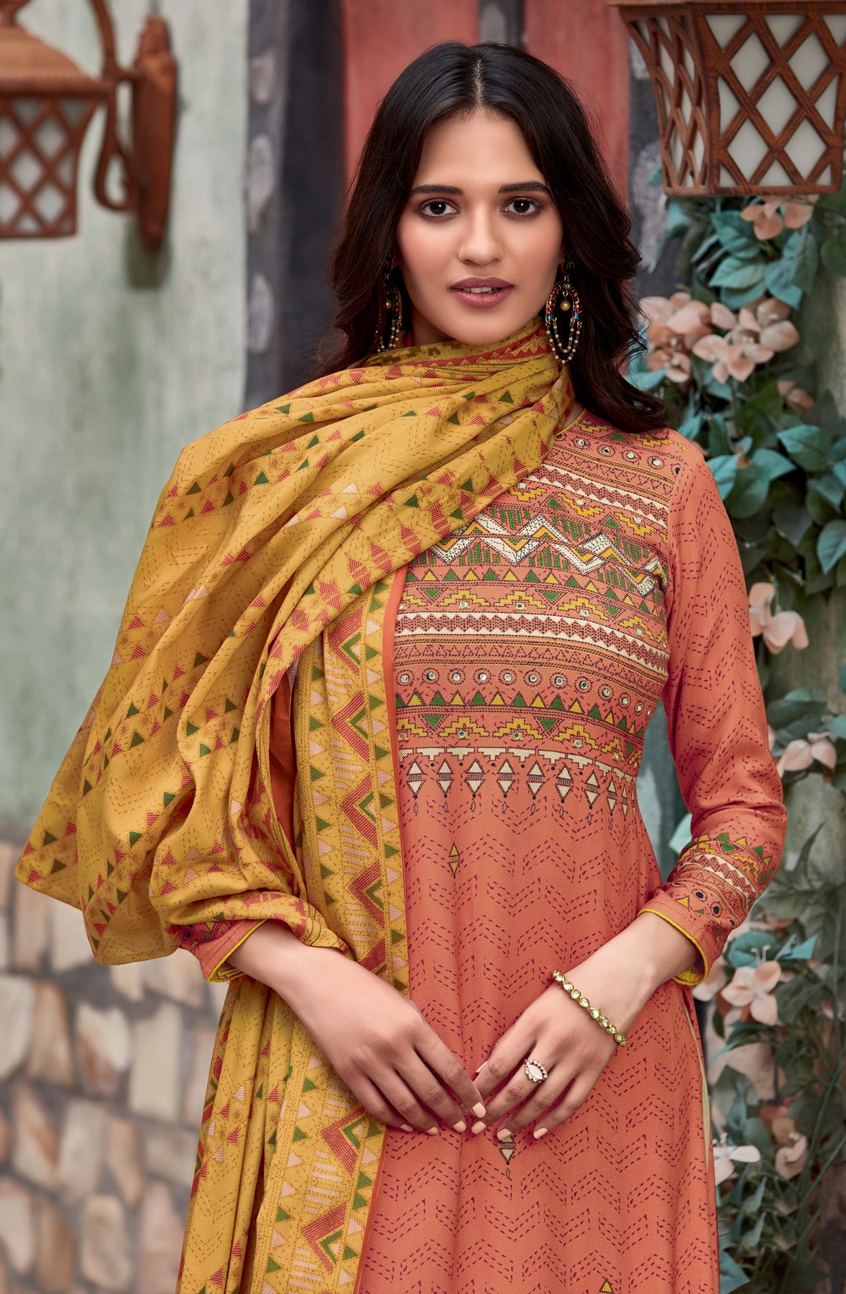 Orange Unstitched Cotton Salwar Suit with Dupatta - GLZ967