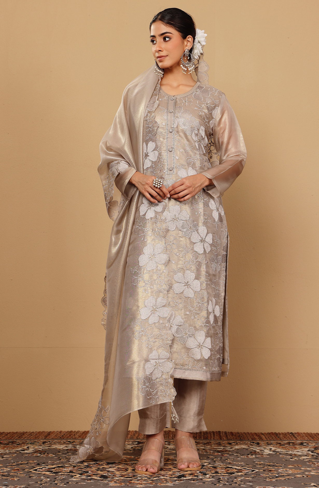 Beige Exclusive Tissue Organza Embroidered Salwar Kameez - GOH2233B