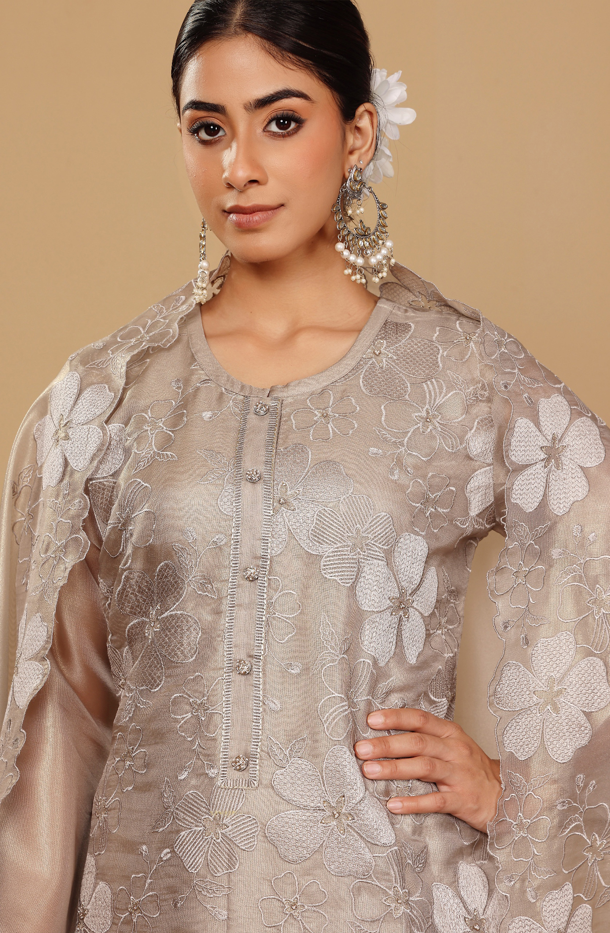 Beige Exclusive Tissue Organza Embroidered Salwar Kameez - GOH2233B
