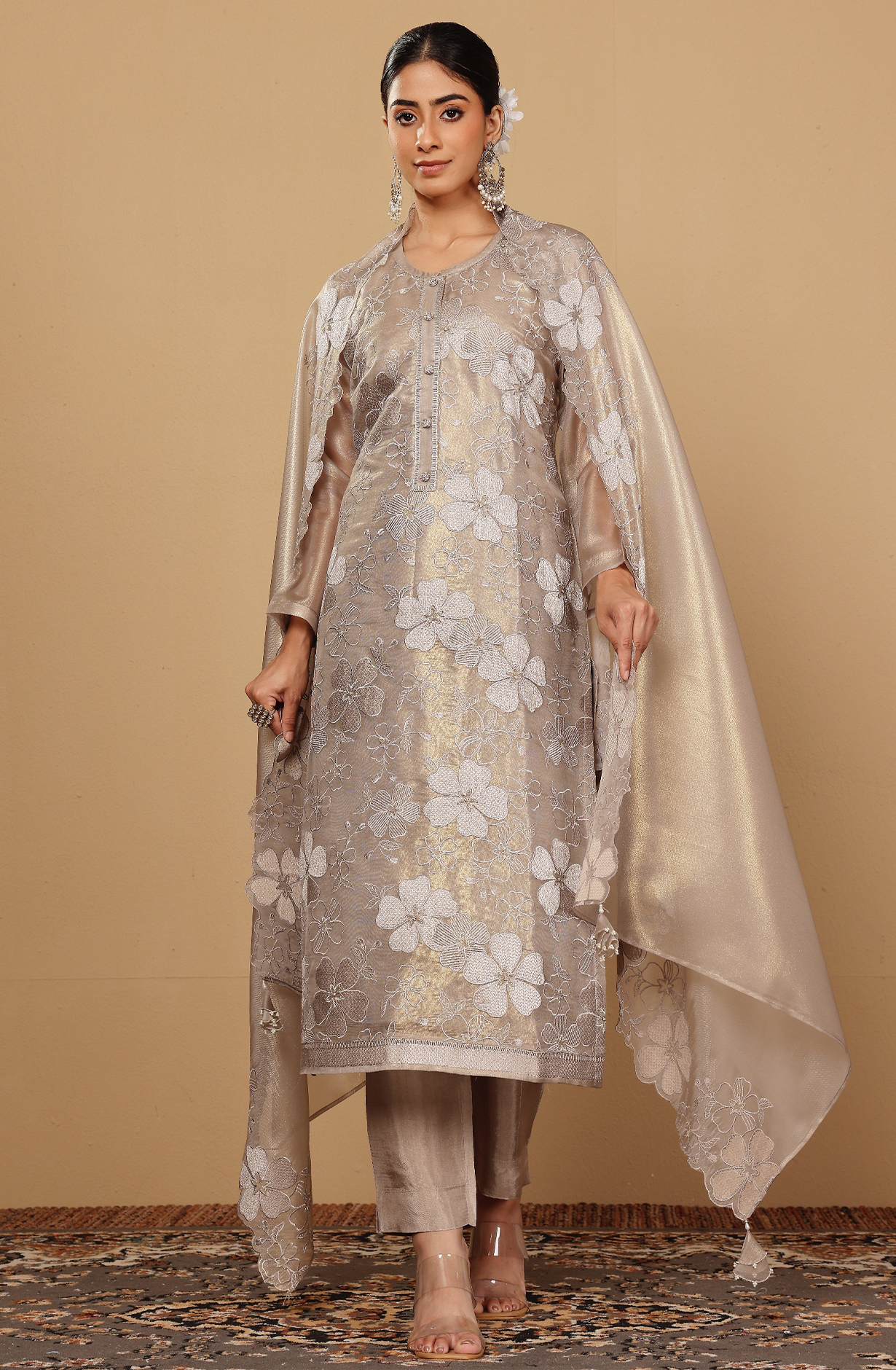 Beige Exclusive Tissue Organza Embroidered Salwar Kameez - GOH2233B
