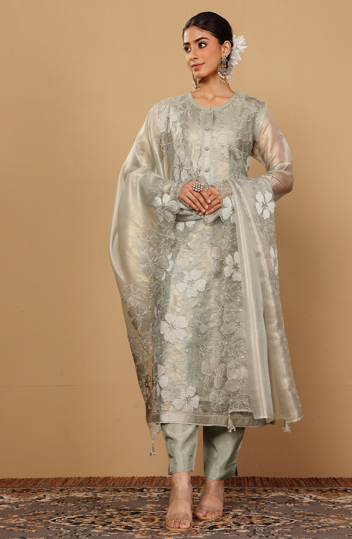 Olive Green Exclusive Tissue Organza Embroidered Salwar Kameez - GOH2233C