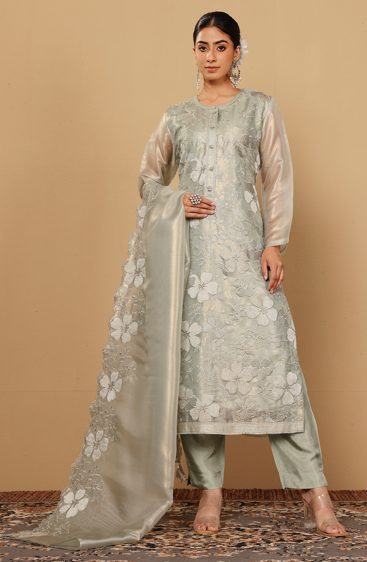 Olive Green Exclusive Tissue Organza Embroidered Salwar Kameez - GOH2233C