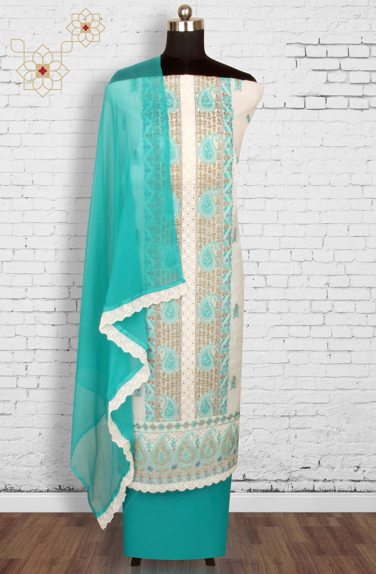 White Cotton Embroidered Salwar Kameez with Chiffon Dupatta - GOO1940B