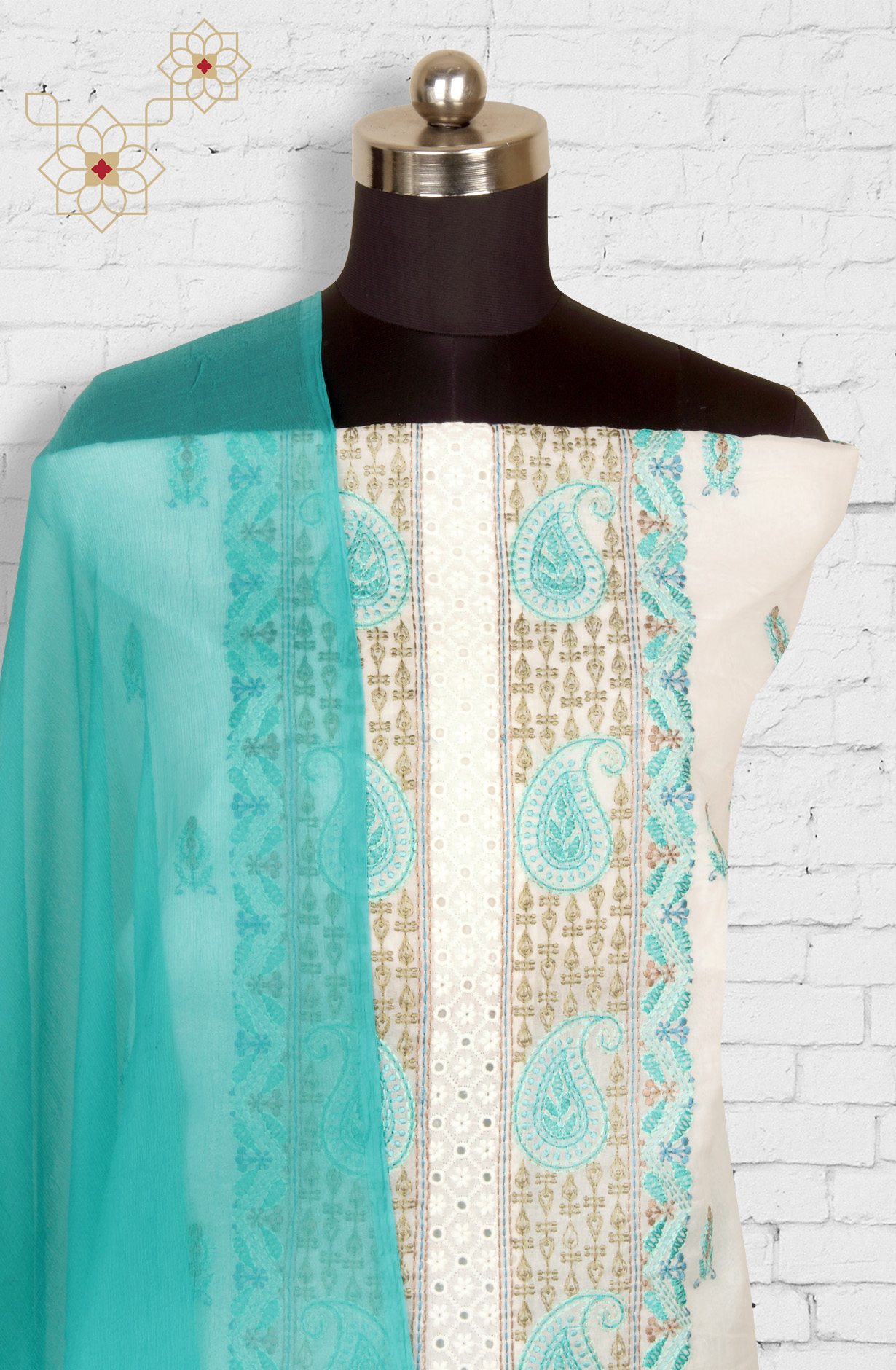 White Cotton Embroidered Salwar Kameez with Chiffon Dupatta - GOO1940B
