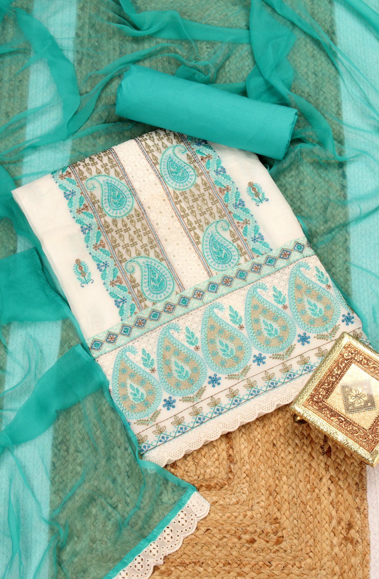 White Cotton Embroidered Salwar Kameez with Chiffon Dupatta - GOO1940B