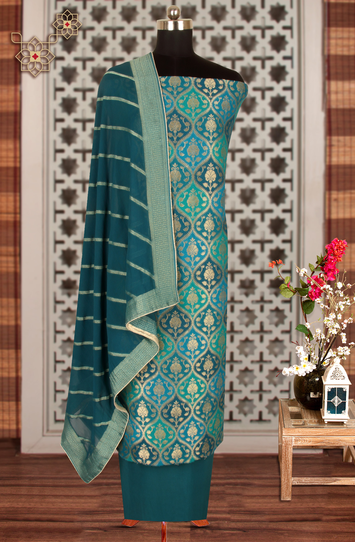 Peacock Color Banarasi Silk Festivewear Salwar Kameez with Dupatta - GP7458-2341A