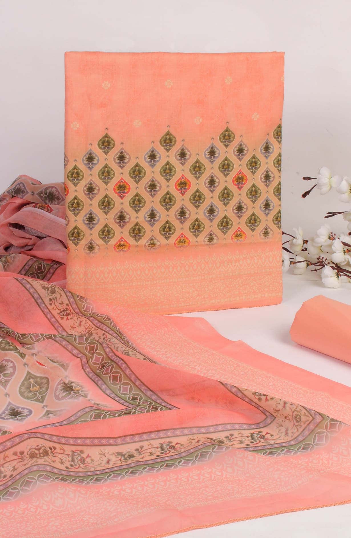 Peach Multi Cotton Printed Unstitched Dress Material Suit-set - GRA006