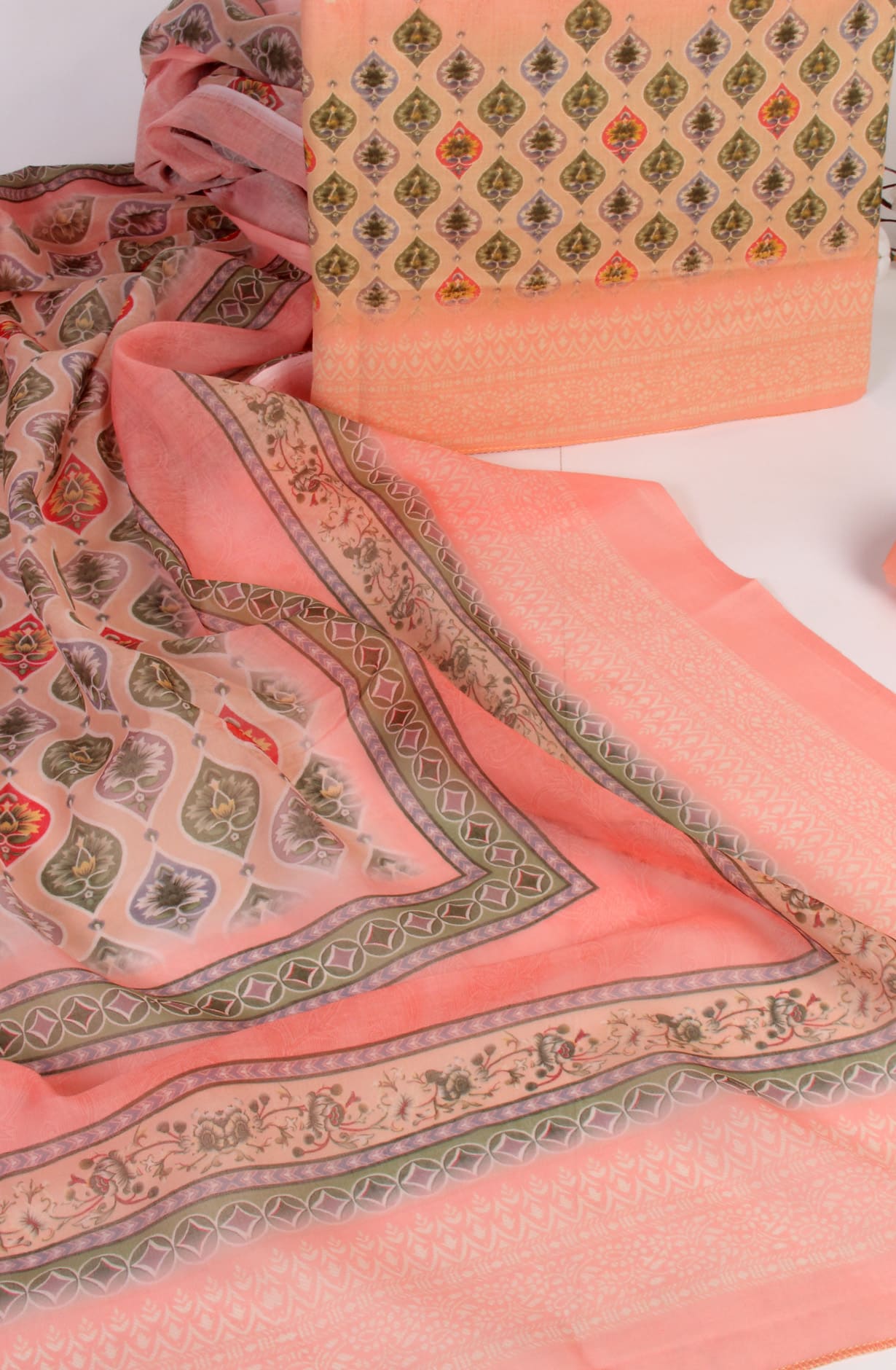 Peach Multi Cotton Printed Unstitched Dress Material Suit-set - GRA006
