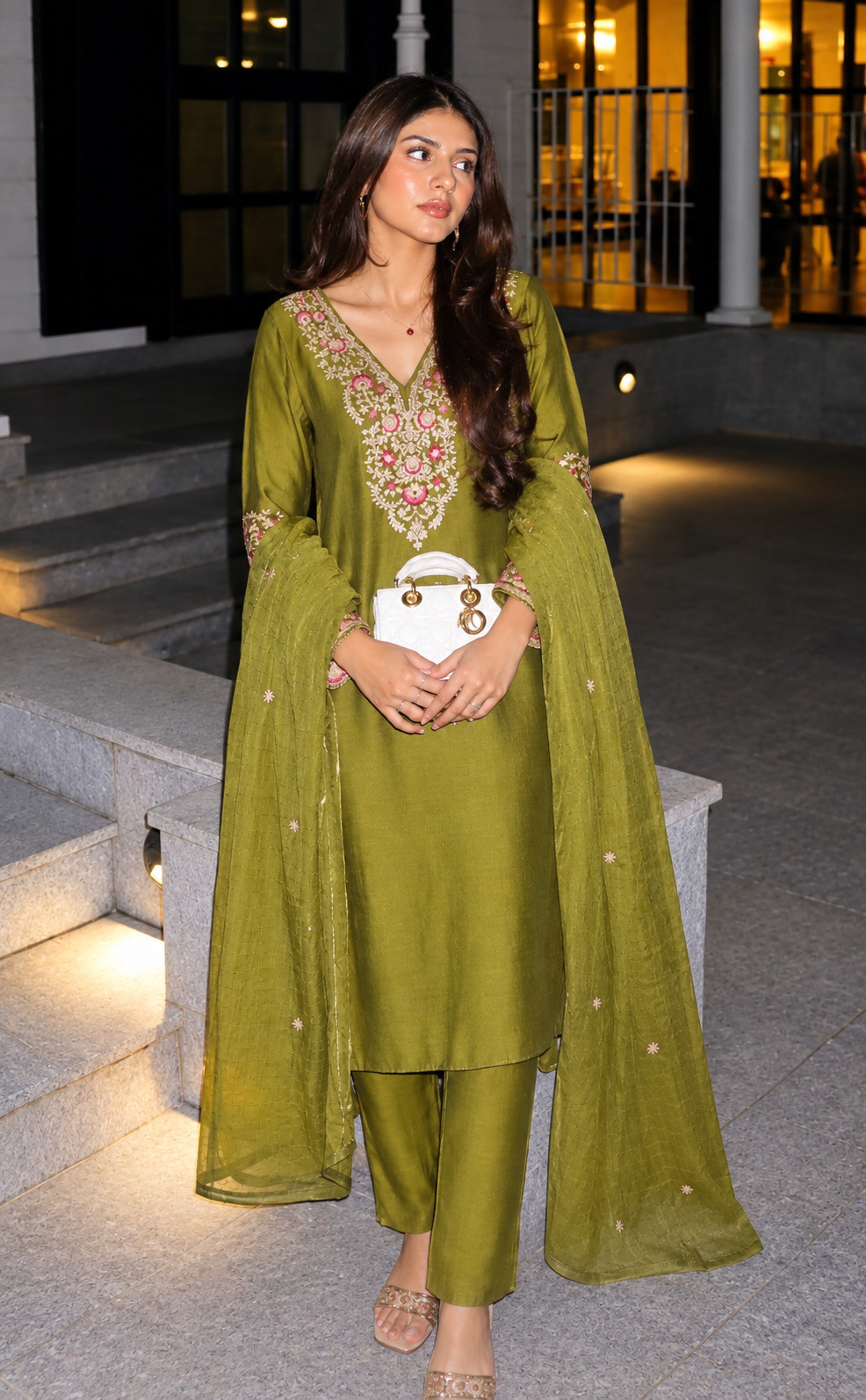 Olive Green Mul Chanderi Pant Dupatta Set- 845-500176