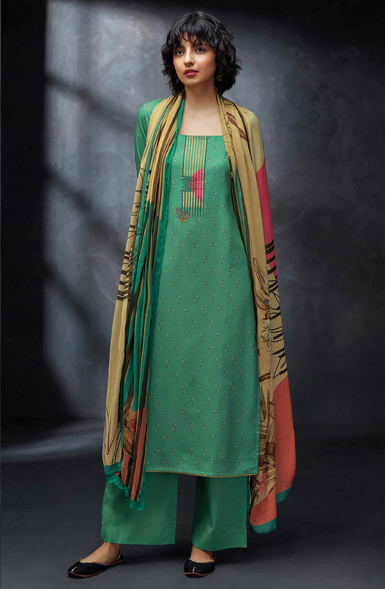 Green Spun Winterwear Printed Unstitched Salwar Kameez - ANAS1211D