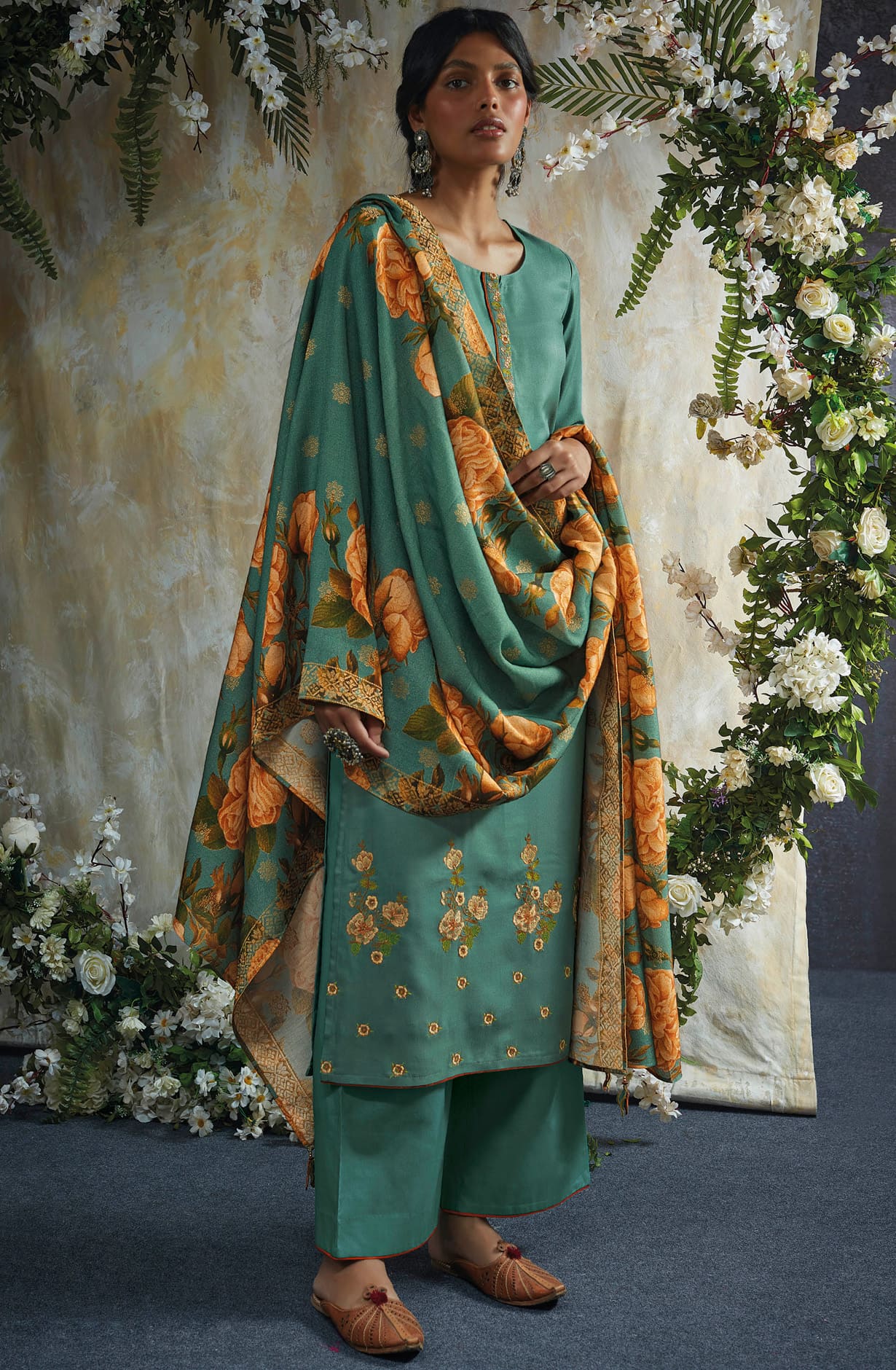 Green Spun Winterwear Unstitched Salwar Suit-set - AHAC1215