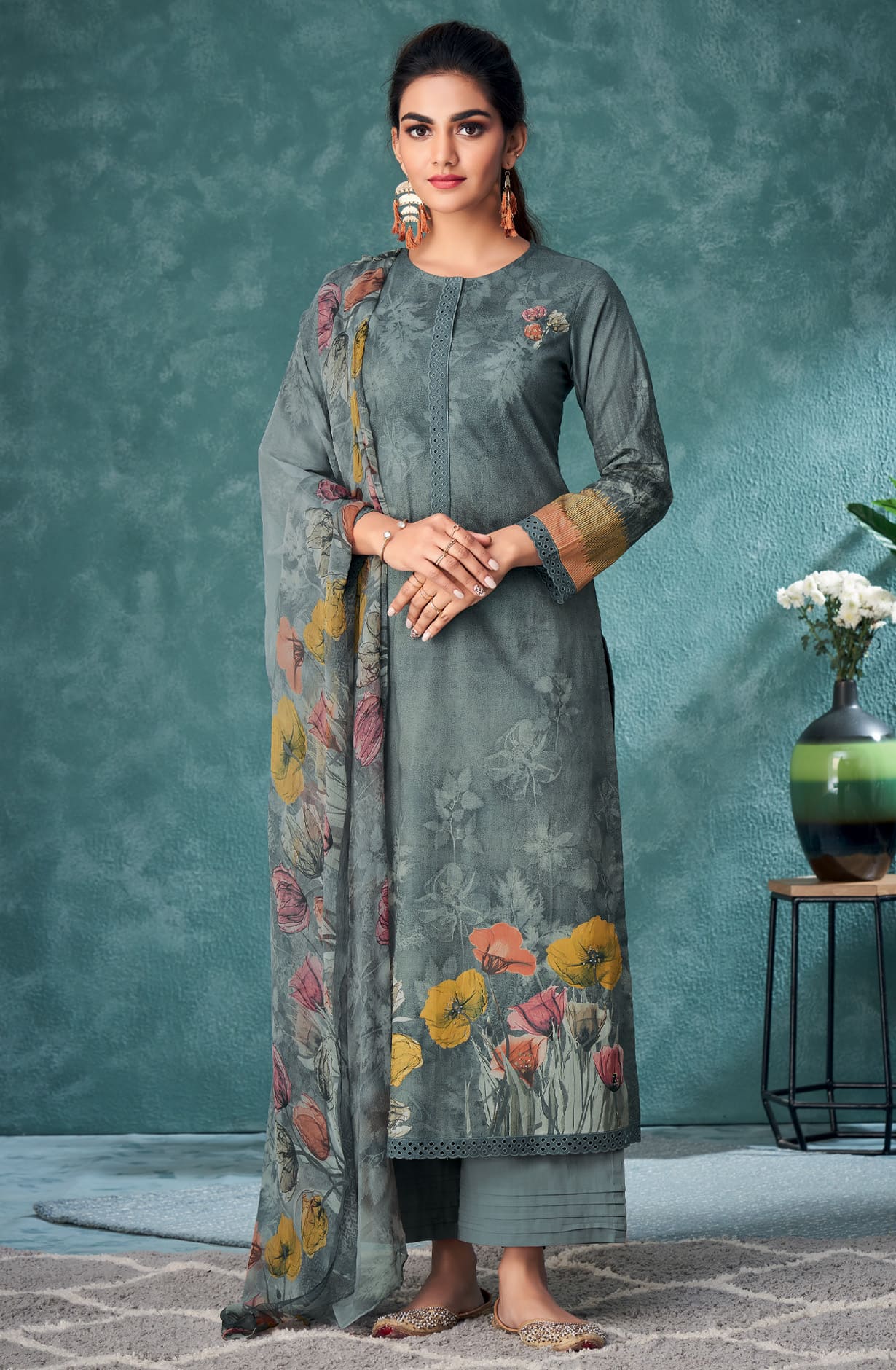 Grey Spun Winterwear Unstitched Salwar Kameez - ELE7112